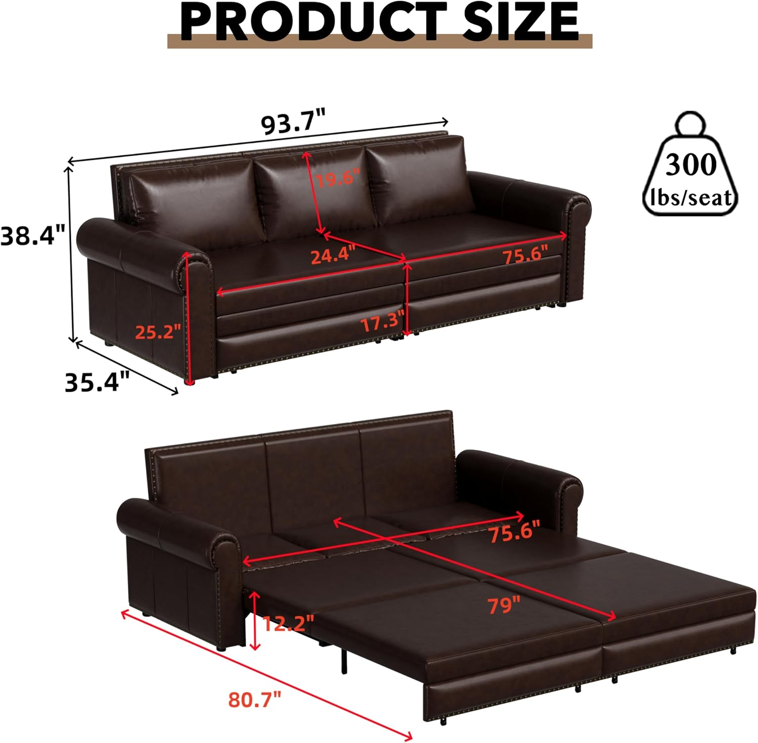 93.7' King Pull Out Sofa Bed, Faux Leather Sleeper Sofa Couch, 3 in 1 Convertible Futon Couches for Living Room, Small Space, Apartment, Office, Bedroom, Modern Rivet Armrest, Dark Brown