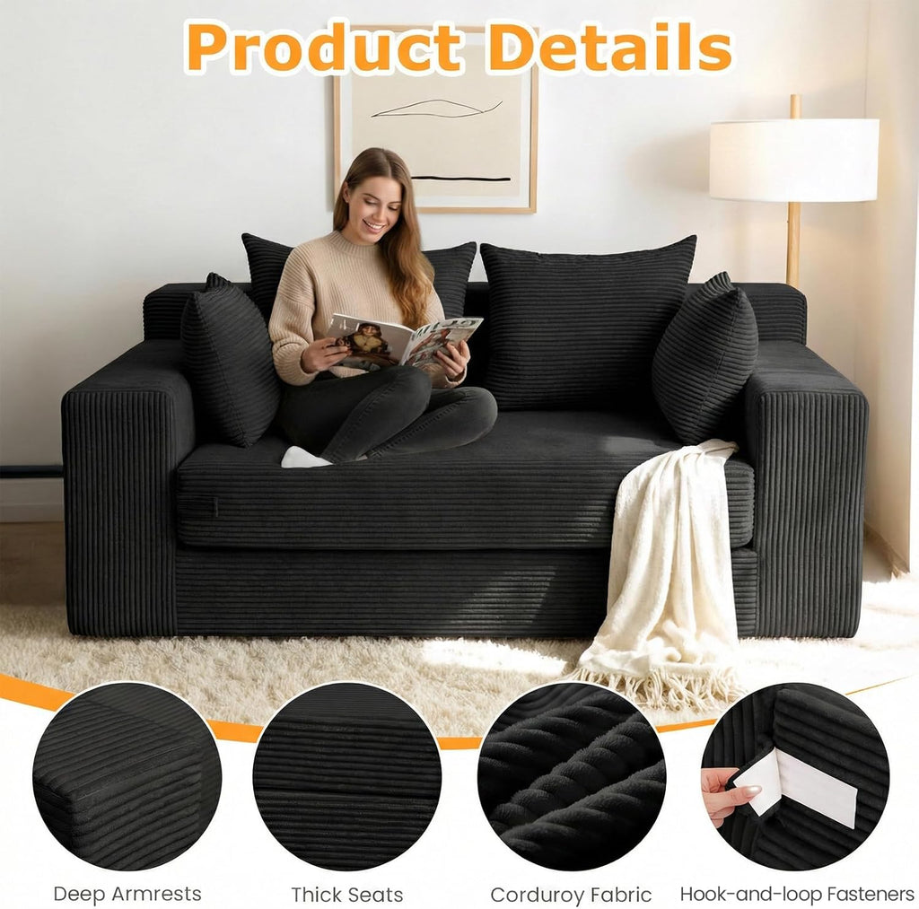 55' Small Boneless Couch, 3-in-1 Boneless Loveseat Sleeper Sofa Bed Convertible Sofa Bed with 4 Pillows, Black Corduroy Boneless Couch for Living Room, Guest Room, Small Space, No Assembly Required