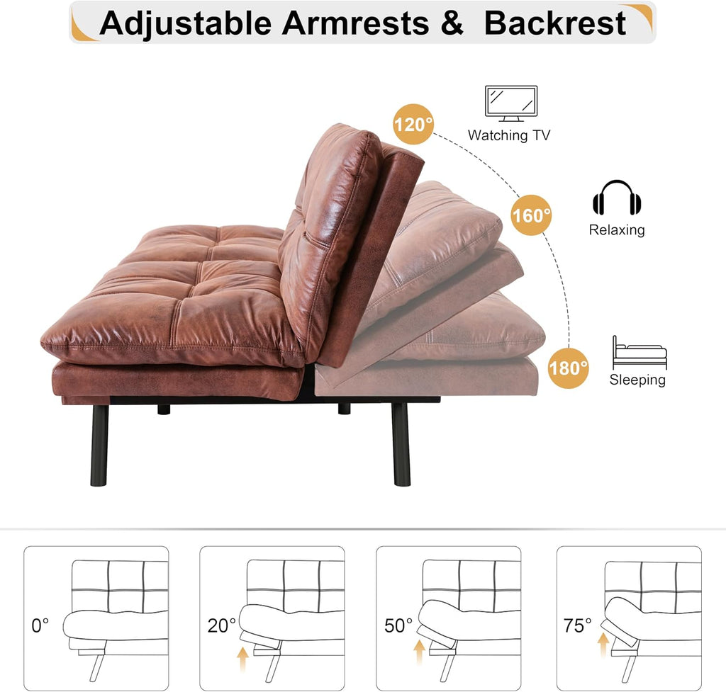 71' Futon Sofa Bed, Memory Foam Convertible Faux Leather Futon Couch Beds with Adjustable Armrest Backrest, Multi-Functional Folding Sleeper Sofa Bed for Living Room, Apartment, Brown