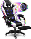 RGB Gaming Chair with Massage and Footrest, Ergonomic Pro Computer Chair with LED Lights and Speakers, High Back Music Video Chair with Lumbar Support and Headrest, for Adult Teens. (Black + White)