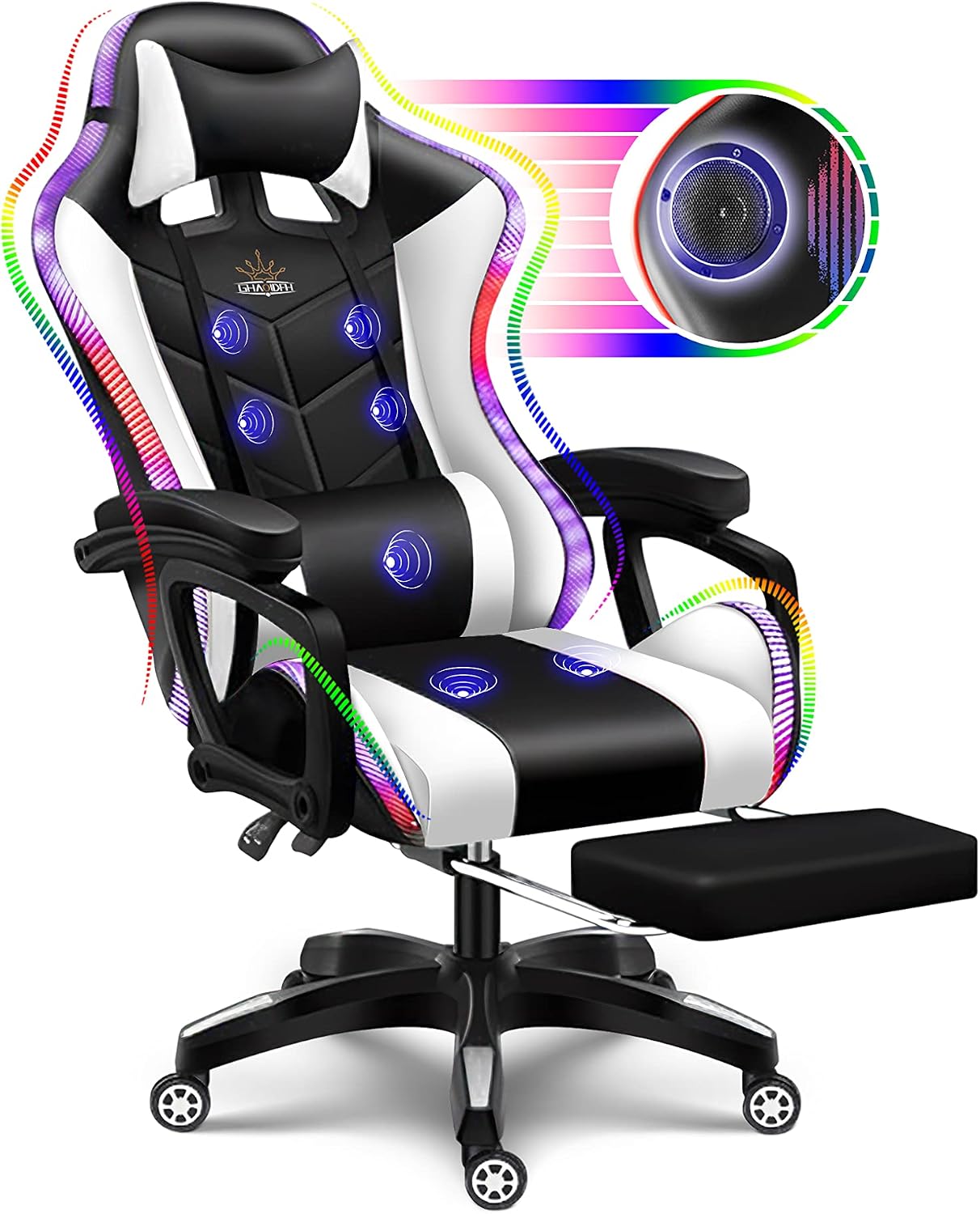 RGB Gaming Chair with Massage and Footrest, Ergonomic Pro Computer Chair with LED Lights and Speakers, High Back Music Video Chair with Lumbar Support and Headrest, for Adult Teens. (Black + White)