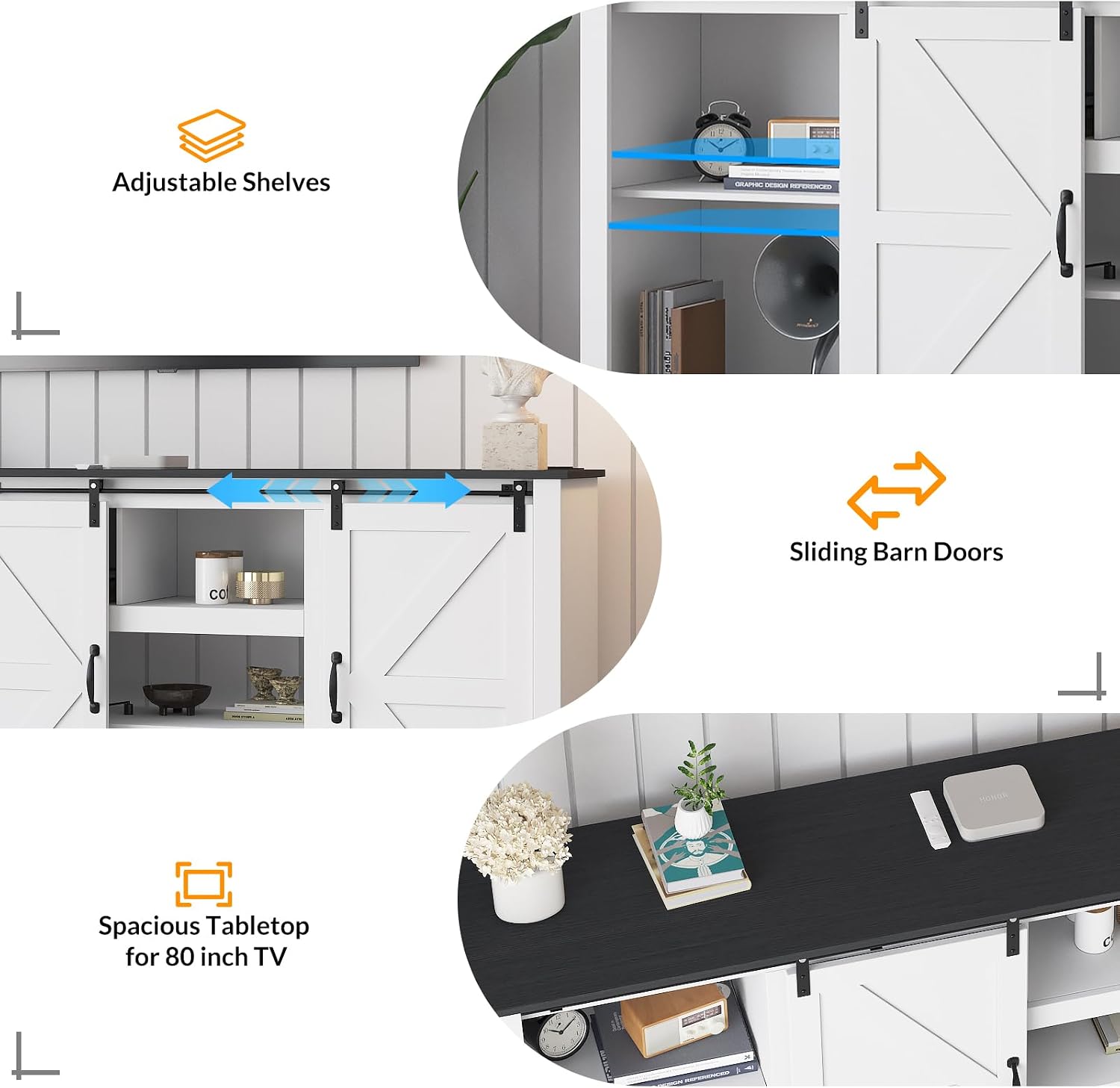 GarveeLife 70 in Farmhouse TV Stand with Power Outlets for Televisions Up to 80 in TVs, Sliding Barn Door & Large Storage Cabinets with Adjustable Shelf, 32 in Tall TV Media Console, White