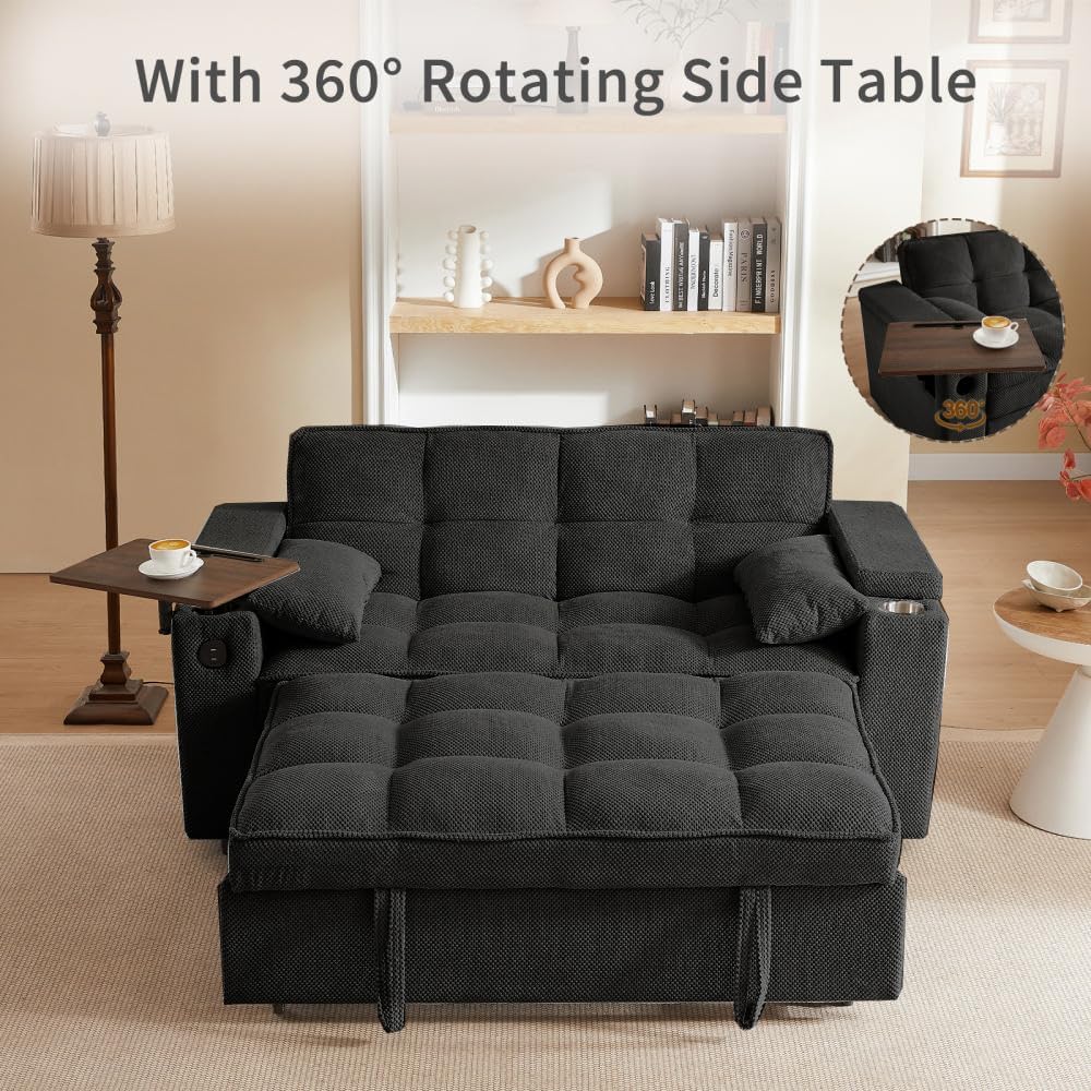 hansones 66' 3-in-1 Folding Convertible Sofa Bed, Queen Size Pullout Sofa, Modern Chenille Fabric, 360° Swivel Side Table, Easy Assembly, Perfect for Living Room (ZY-1107S-Black)