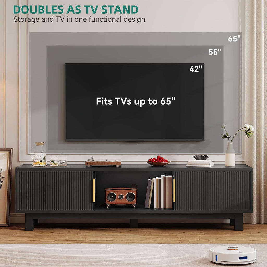 YITAHOME Fluted TV Stands for TVs up to 65 Inches, Entertainment Center with Power Outlets & Storage Compartments, 59' Long Wooden TV Console for Living Room (Black, 59')