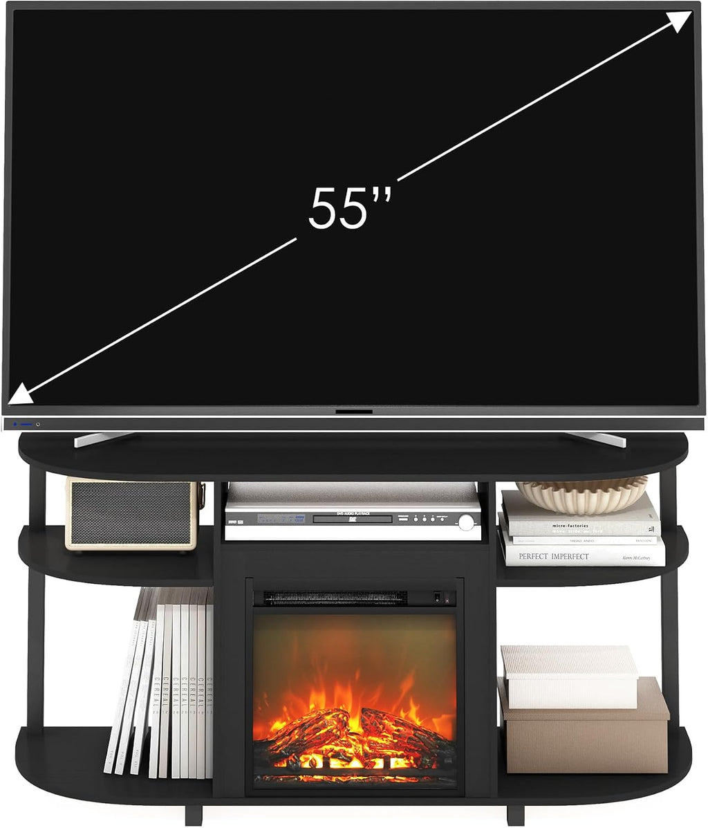 Furinno Jensen Fireplace TV Stand, Curved Entertainment Center, TV Console for TV up to 55 Inch with Fireplace and Open Storage, for Living Room, Bedroom, Americano