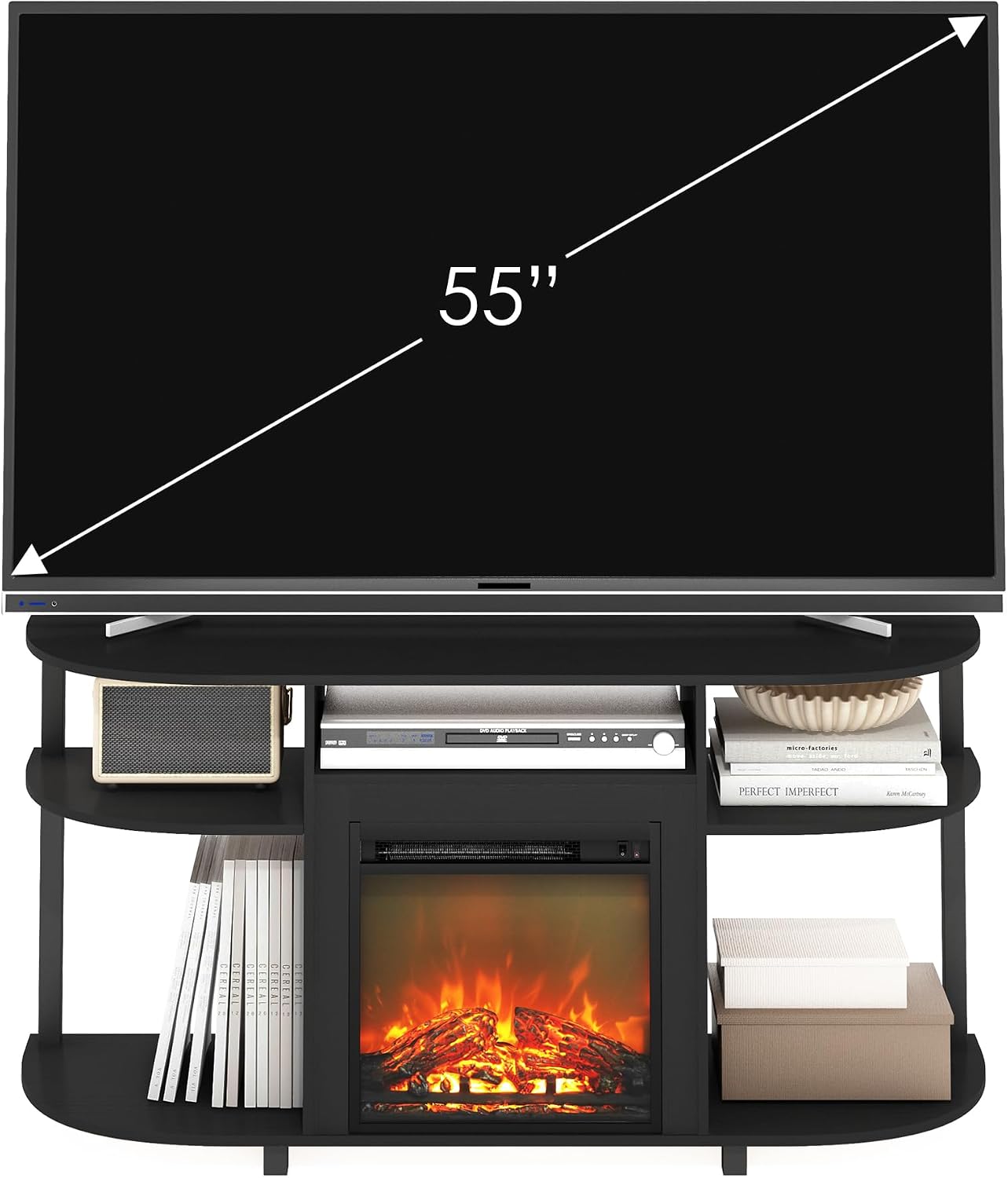 Furinno Jensen Fireplace TV Stand, Curved Entertainment Center, TV Console for TV up to 55 Inch with Fireplace and Open Storage, for Living Room, Bedroom, Americano