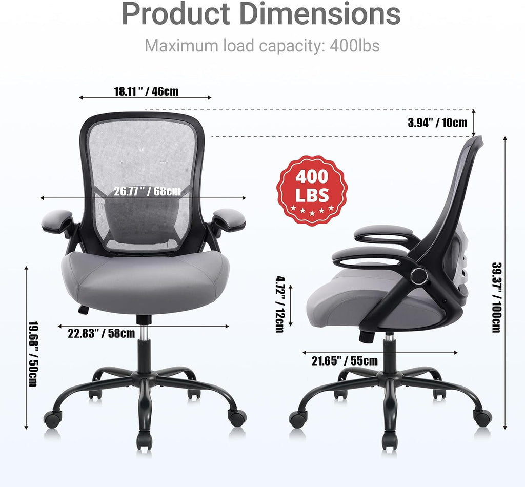 HYLONE 400lbs Heavy Duty Office Chair, 5' Thickened Seat Ergonomic Desk Chair with Adjustable Armrests, Home Office Computer Chairs for Long Hours Mesh Executive Chair(Dark Grey)