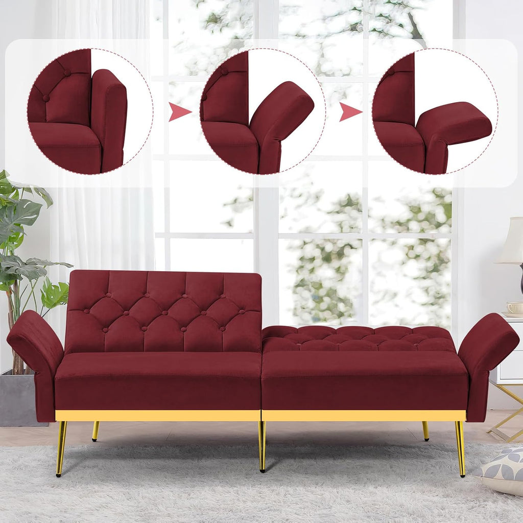 2 Pieces Velvet Sofa Set w/Adjustable Armrests and Backrests, Tufted Accent Chair w/Ottoman, Convertible Futon Sofa Bed for Bedroom, Living Room, Apartment, Red