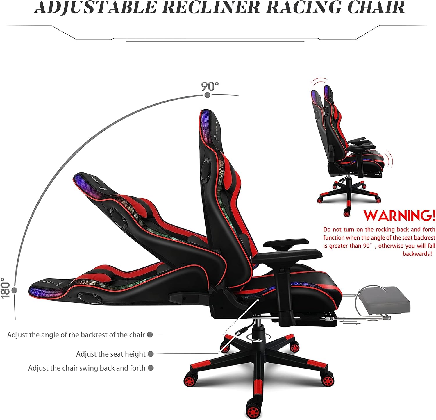 Ergonomic Gaming Chair PU Leather Computer Chair for Teens Adults High Back Racing Office Desk Chair with Speakers and LED Lights 7-Point Massage, Footrest Headrest and Lumbar Support,Black