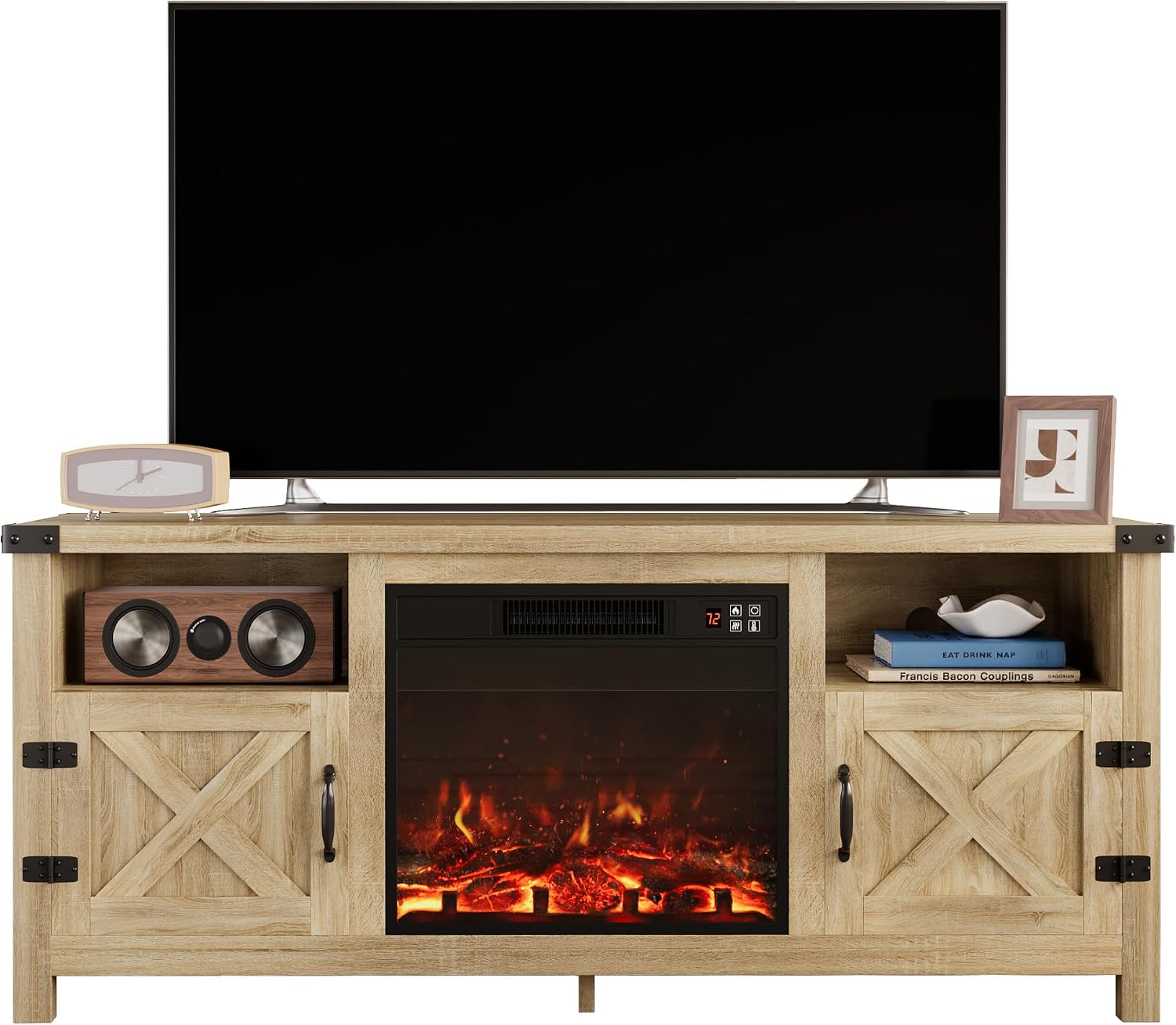 Furmax Entertainment Center with Fireplace, Fireplace TV Stand with Storage Cabinets and 2 Open Shelves, Modern Media TV Console for Living Room (Light Oak)