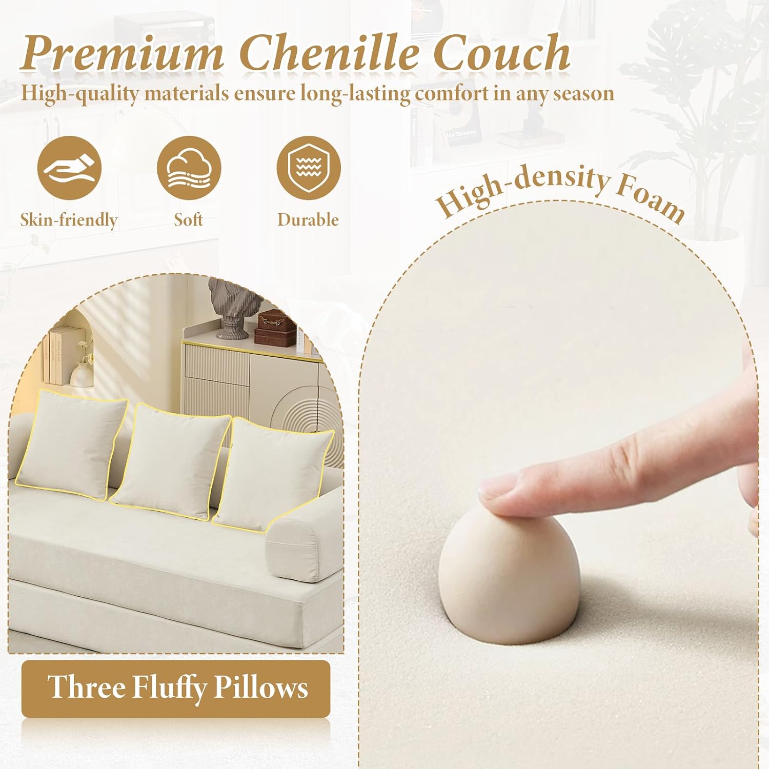 Futon Sofa Bed, Modular Convertible Folding 3 Seater Chenille Foam Floor Loveseat Sleeper Sofa Couch with 3 Pillows, No Assembly Compressed Boneless Couch, for Living Room Bedroom Guest Room, Beige