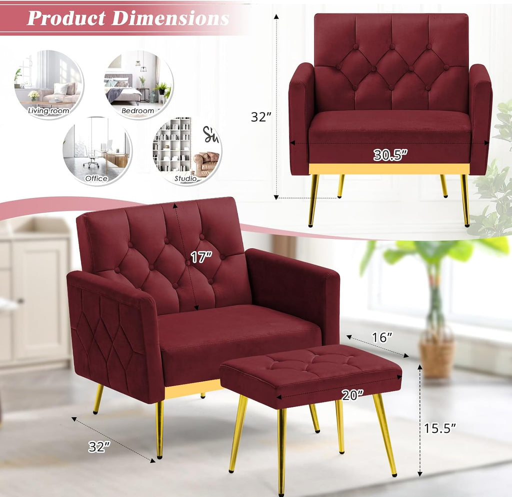 2 Pieces Velvet Sofa Set w/Adjustable Armrests and Backrests, Tufted Accent Chair w/Ottoman, Convertible Futon Sofa Bed for Bedroom, Living Room, Apartment, Red
