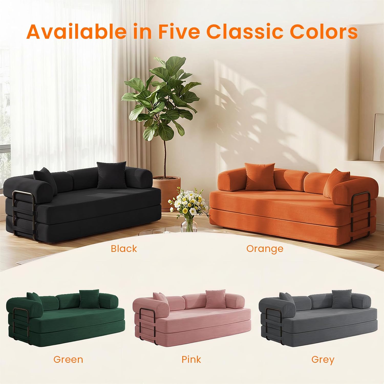 ijuicy 4-in-1 King Convertible Floor Sofa Bed w/ 2 Pillow,Modular Sleeper Sofa/Folding Futon Couch Bed w/Cylindrical Backrest and Fixed Frame,Lounge Couch,Corduroy Compression Sofas for Home-Dark Grey