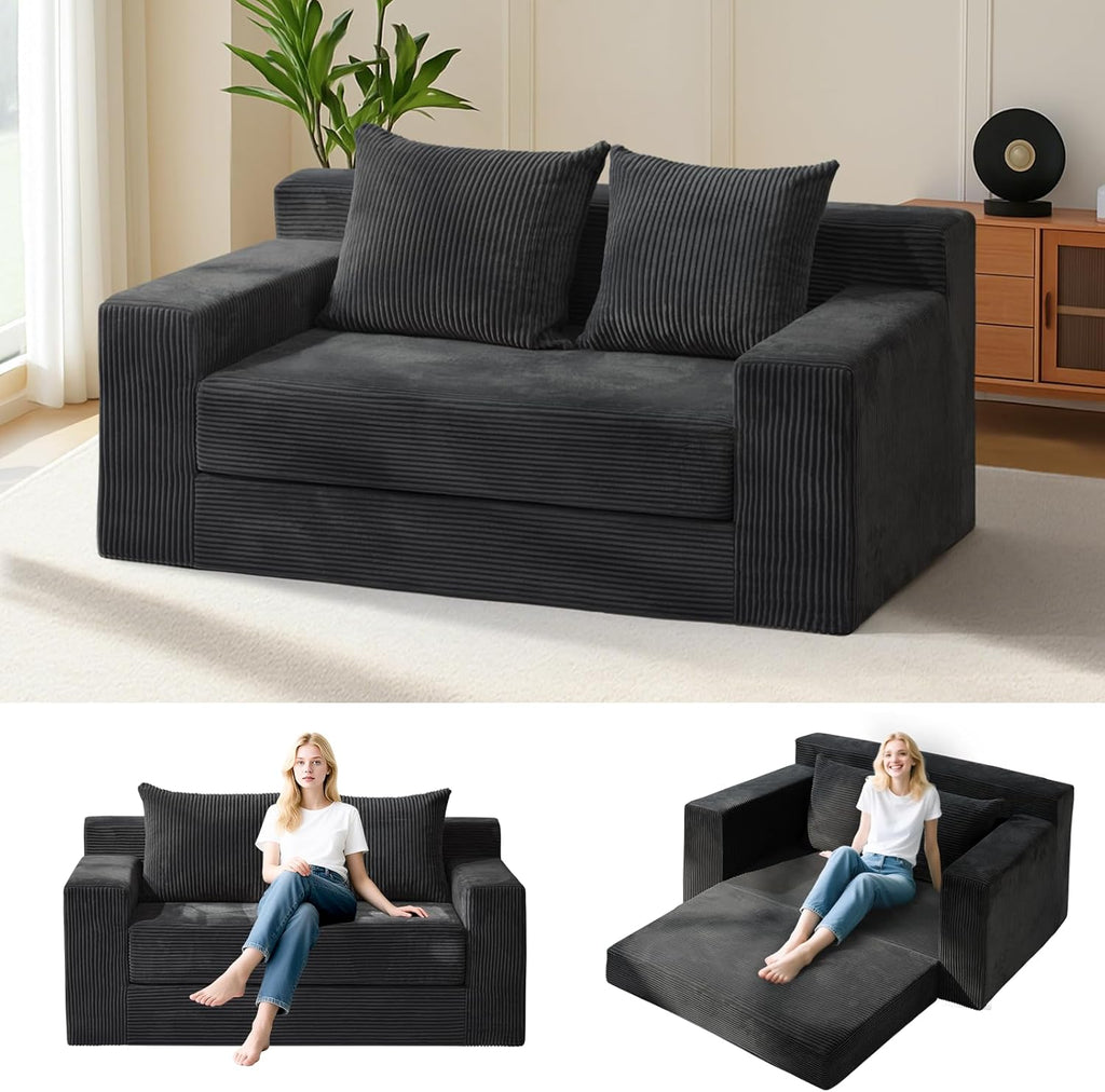 Convertible Sofa Bed, Boneless Couch Loveseat Sleeper, 2 in 1 Folding Couch Bed, Fold Out Comfy Floor Futon Sofa with Pillows for Living Room Bedroom, Black