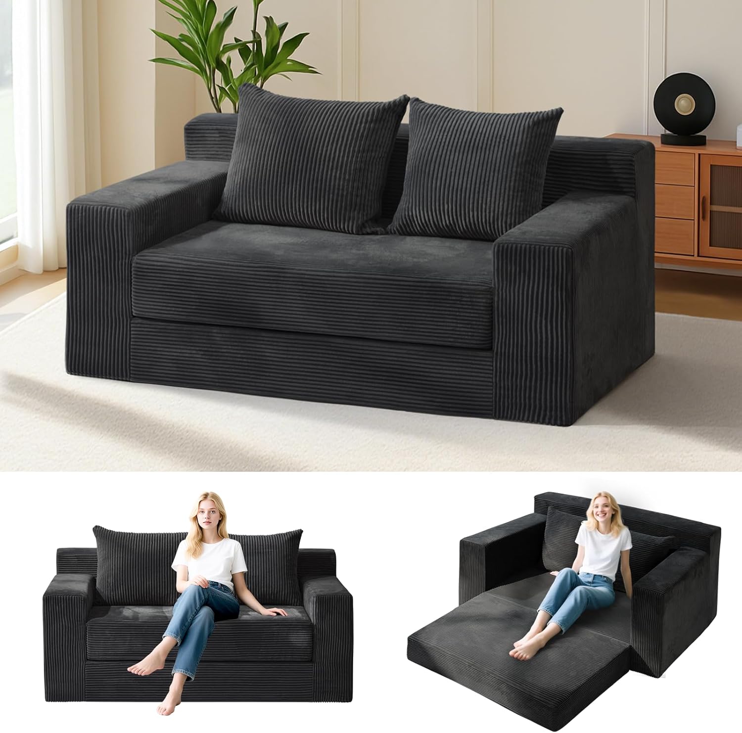 Convertible Sofa Bed, Boneless Couch Loveseat Sleeper, 2 in 1 Folding Couch Bed, Fold Out Comfy Floor Futon Sofa with Pillows for Living Room Bedroom, Black