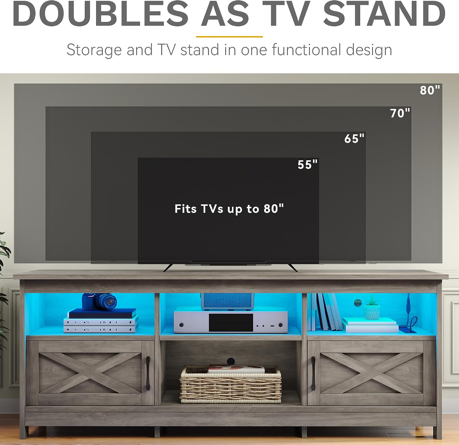 DWVO Farmhouse TV Stand with Power Outlets & LED Lights, Entertainment Center for TVs up to 80', TV Console with Storage Cabinets & Open Shelves for Living Room (Washed Grey)