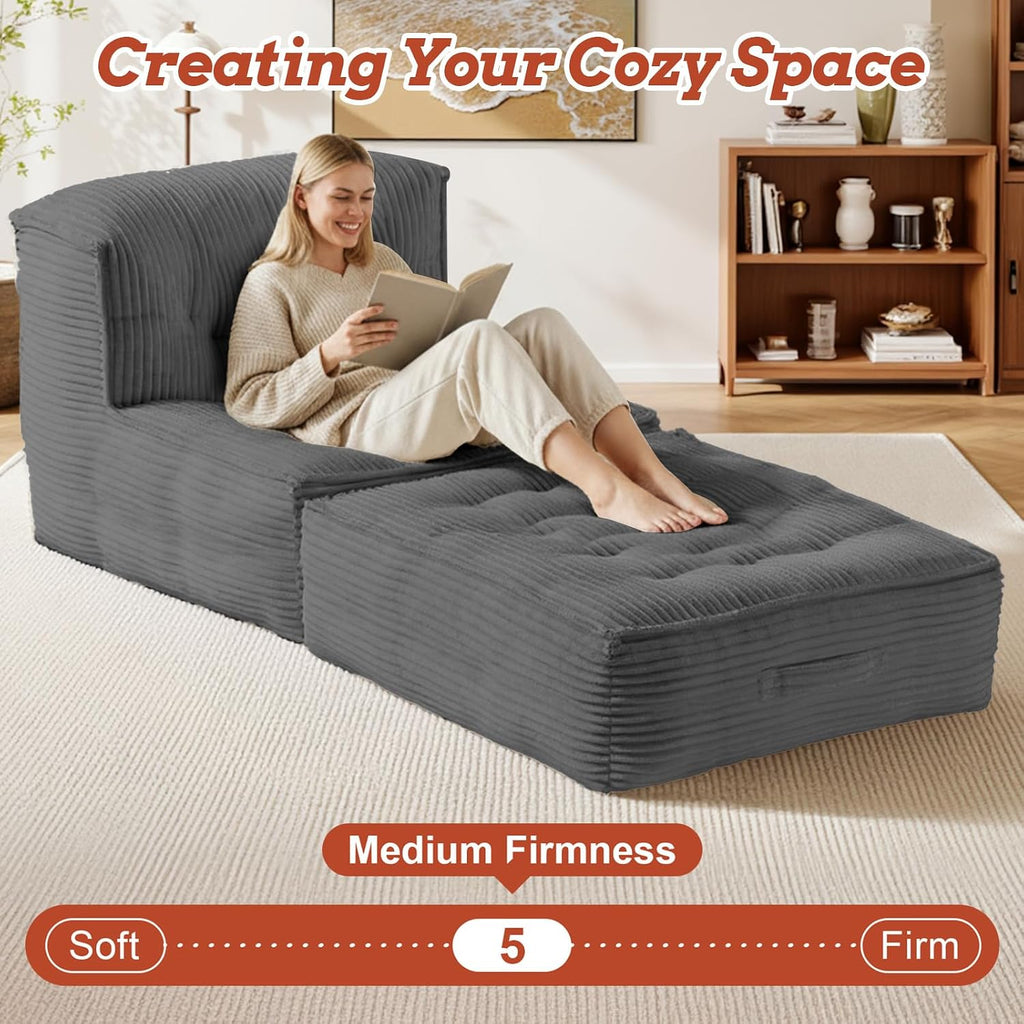 5-in-1 Convertible Folding Sofa Bed, Frameless Convertible Couch with Handles & Non-Slip Base, Premium Corduroy Floor Sofa with High-Density Shredded Foam for Living Room Apartment Dorm Home Theater