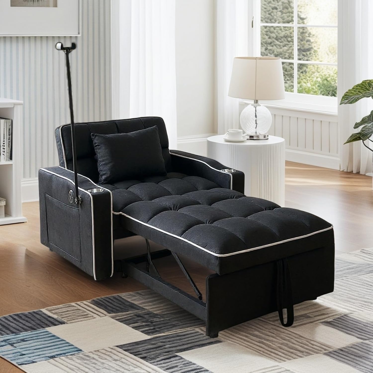 Convertible Sleeper Chair Bed, Pull Out Chair Sleeper with Bracket and Cup Holder, Chairs Bed Sleepers for Adults, 3 in 1 Sofa Bed Chairs for Small Spaces, Living Room, Black