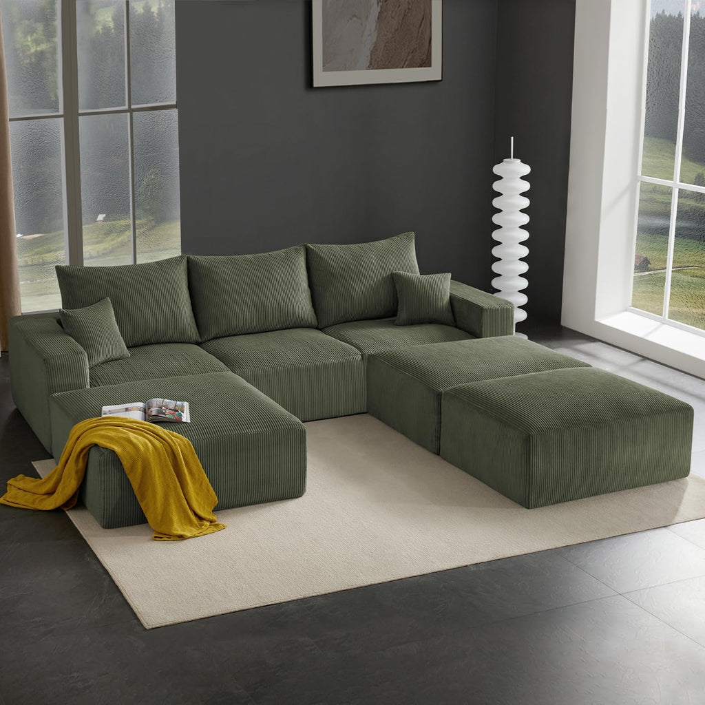 Gericco 113' Modular Sectional Couch, Cloud Boneless Sofa with Deep Seats, Upholstered Corduroy Sofa Bed with Loung Chaise, 3-Seater Couches for Living Room, No Assembly Required, Green