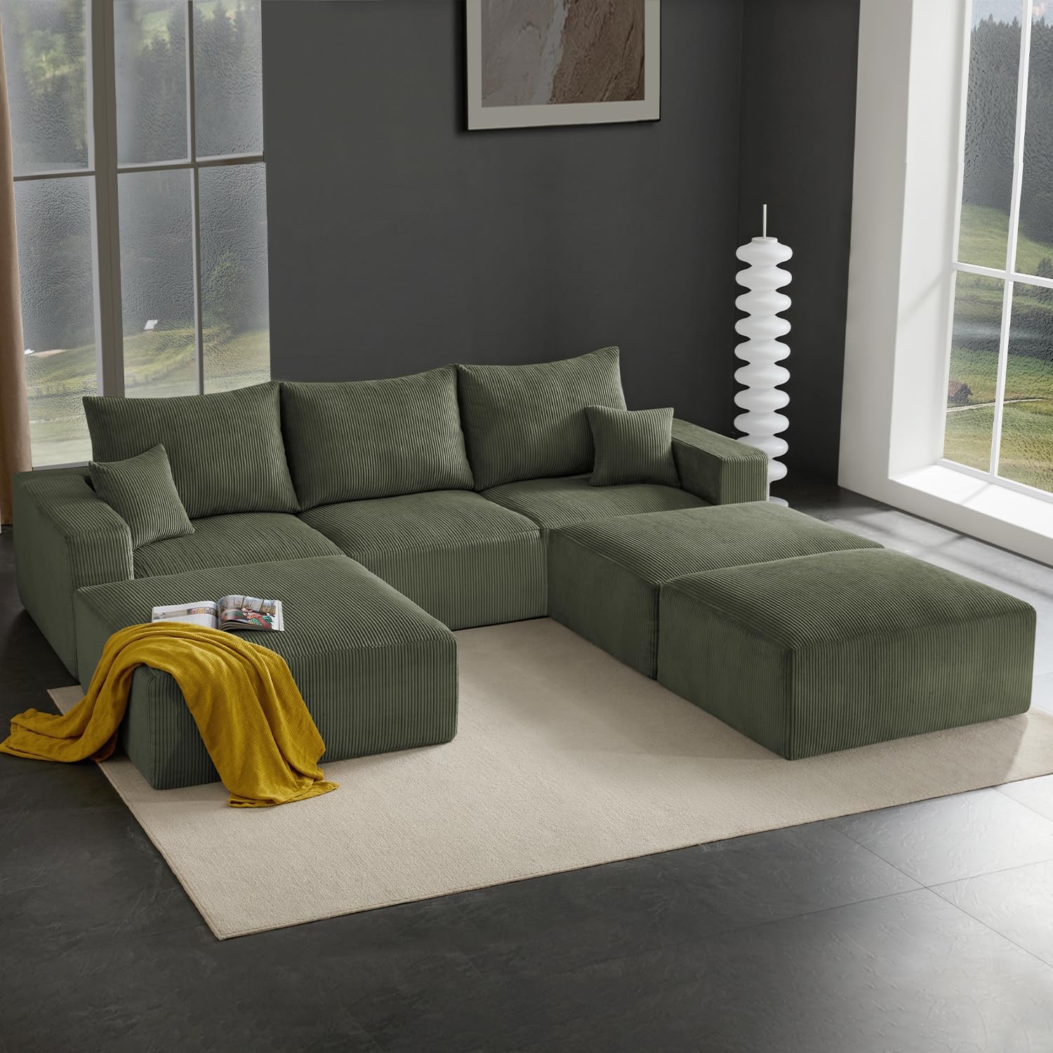 Gericco 113' Modular Sectional Couch, Cloud Boneless Sofa with Deep Seats, Upholstered Corduroy Sofa Bed with Loung Chaise, 3-Seater Couches for Living Room, No Assembly Required, Green
