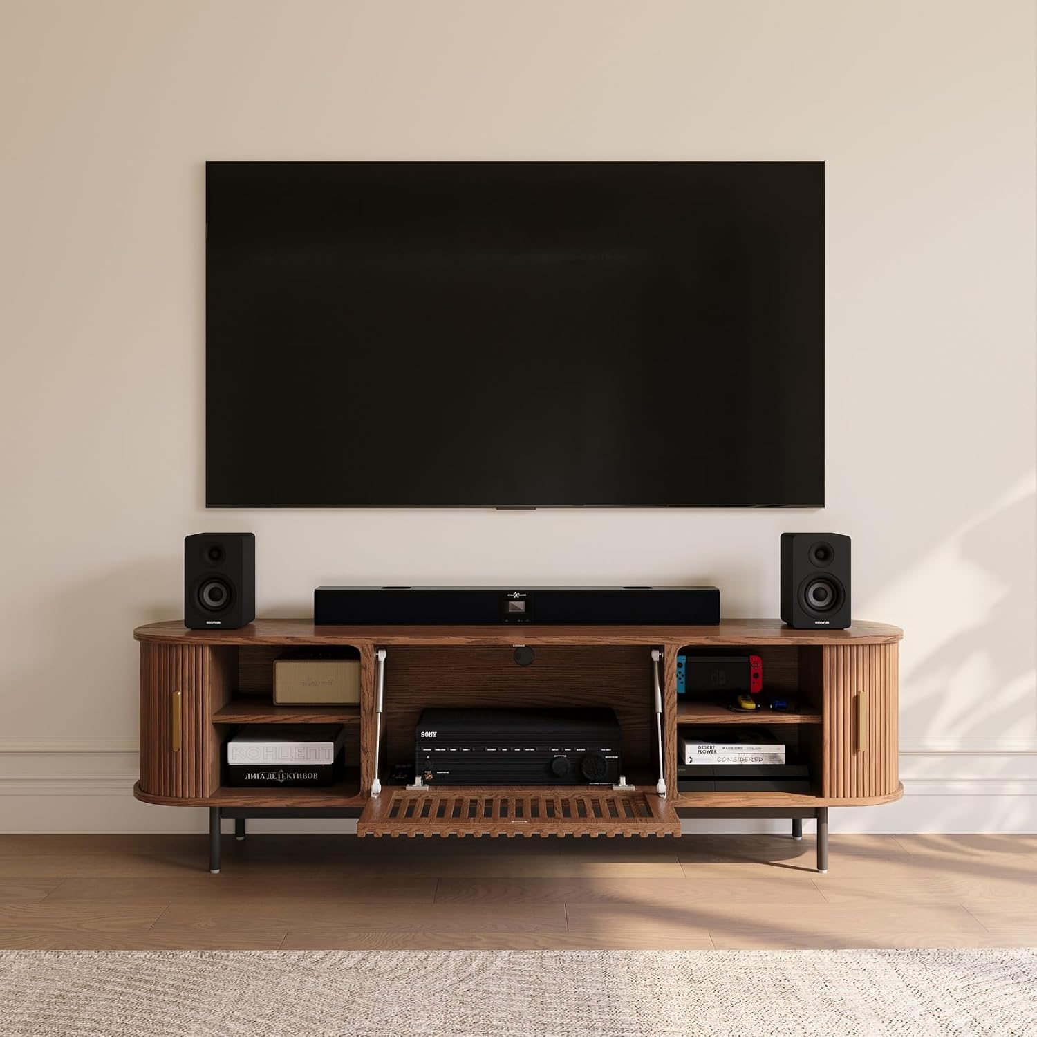 POVISON Fully-Assembled Mid Century Modern TV Stand for 65 inch TV, Sliding Door Entertainment Center with Storage, Wood TV Console, Media Console for Living Room Bedroom(Walnut, 70.87')