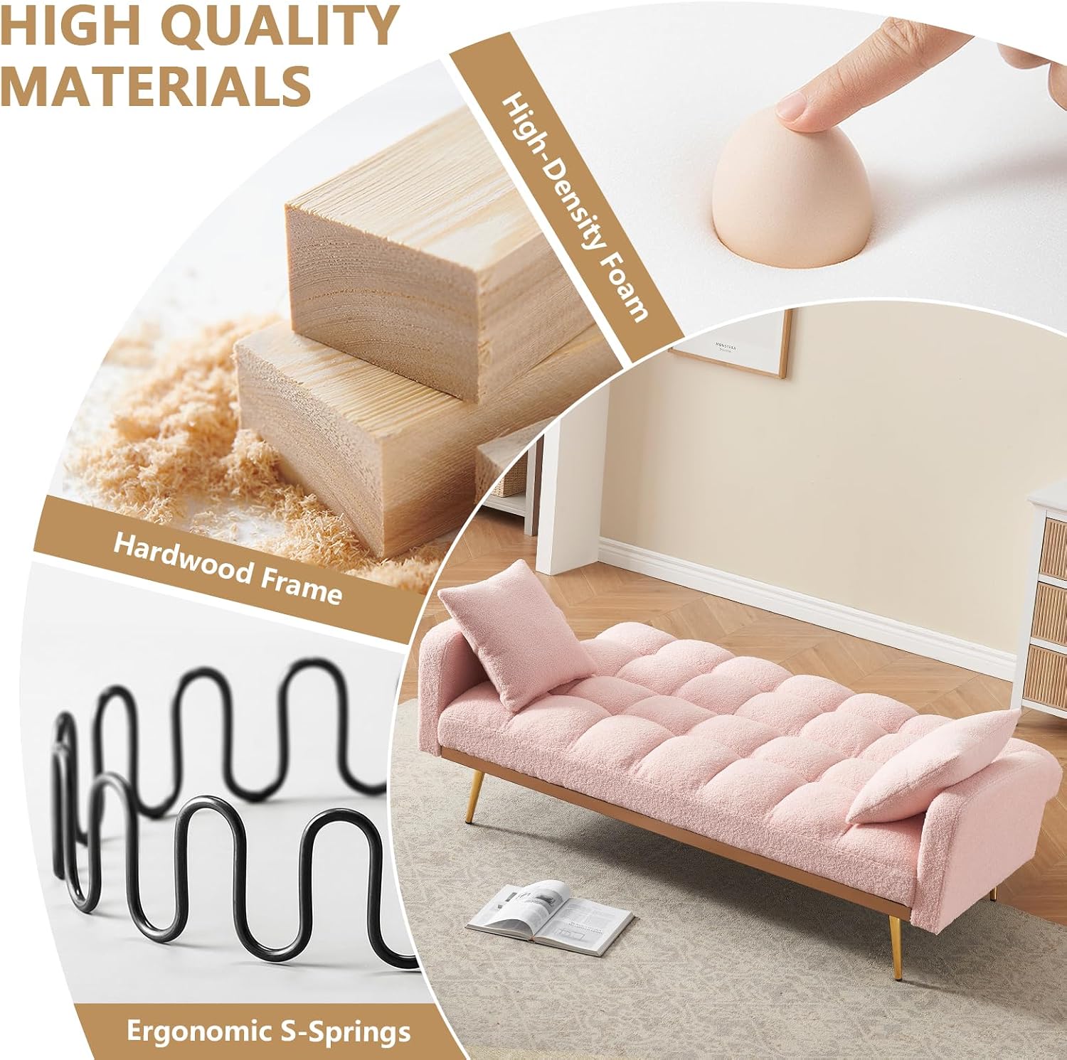 Teddy Futon Sofa Bed,69' Modern Small Love Seat Couch for Small Spaces,Convertible Tufted Sleeper Sofa Loveseat Couch Bed with Gold Metal Legs for Living Room,Bedroom,Apartment (Teddy Pink)