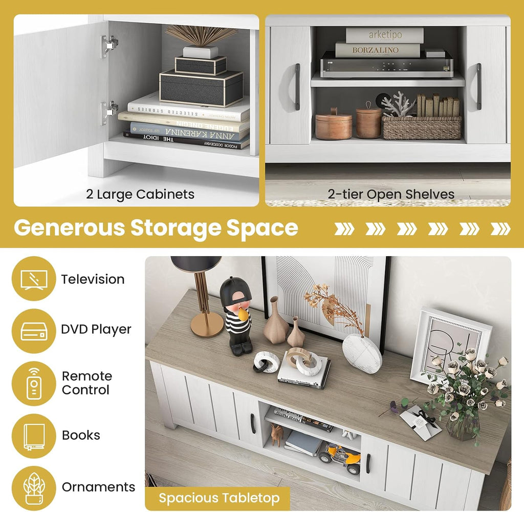 Tangkula 2 Doors TV Stand for TVs up to 65', 57' Media Console Table w/ 2 Cabinets & Open Shelves, 2 Cable Management Holes. Wood Entertainment Center Cabinet for Living Room (White Oak)