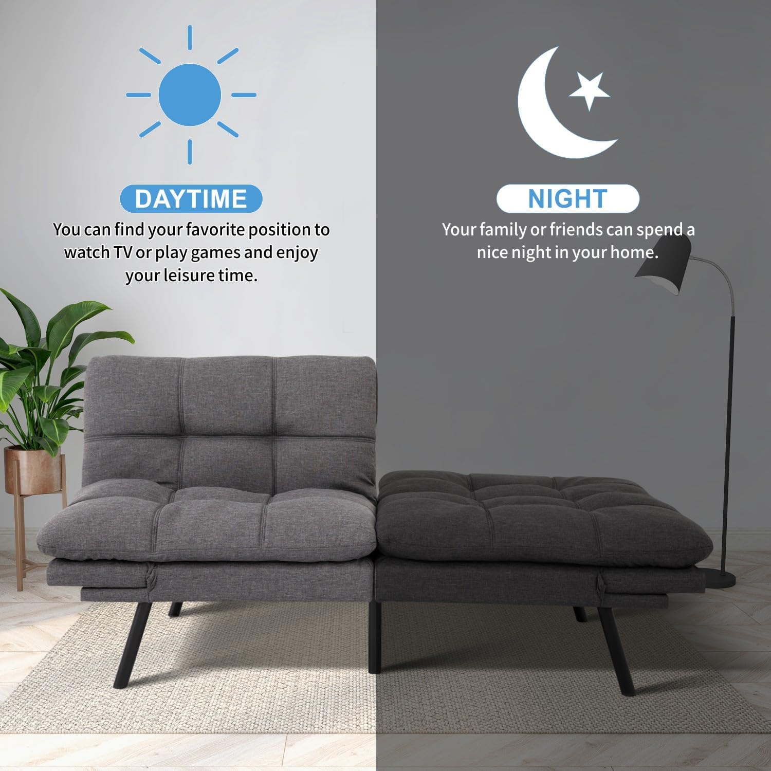 MUUEGM Futon Sofa Bed, 71' Convertible Linen Memory Foam Couch Bed, Modern Backrests Armrests Love Seat for Living Room,Apartment,Office,Charcoal Grey Sleeper Couch