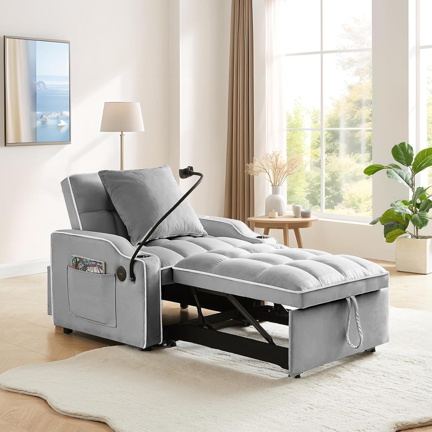 Convertible Sleeper Sofa Chair Bed, 3 in 1 Velvet Single Small Futon Sofa Bed with Phone Holder & USB Ports,Pull Out Couch Recliner with Adjustable Backrest for Living Room, Office, Small Place(Grey)