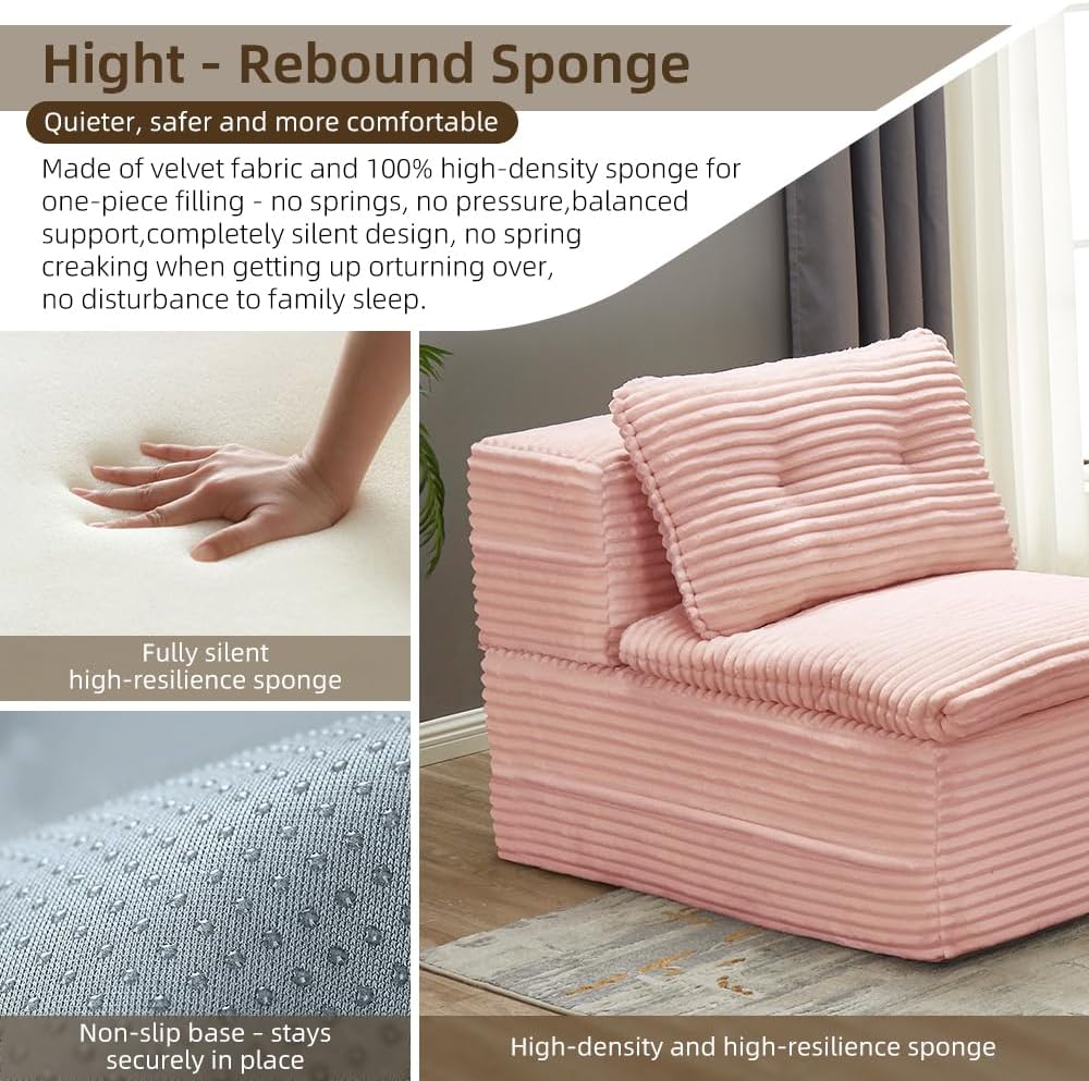 80' Convertible Sectional Sofa Bed with Independent Chaise Lounge and Functional Blanket, Multi-Functional Corduroy Boneless Couch, Foldable Futon Sleeper Sofa with Deep Seat, Baby Pink