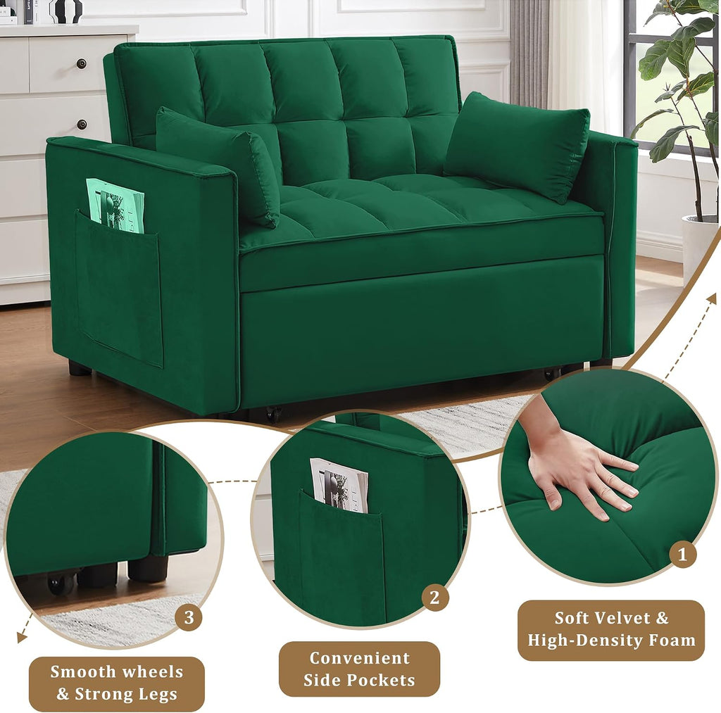 Oversized 3-in-1 Convertible Sleeper Sofa Bed, Futon Couch with Pullout Bed, 2-Seater Loveseat Sofa w/Pockets, Adjustable Backrest and Pillows for Living Room Apartment (Green-55inch)