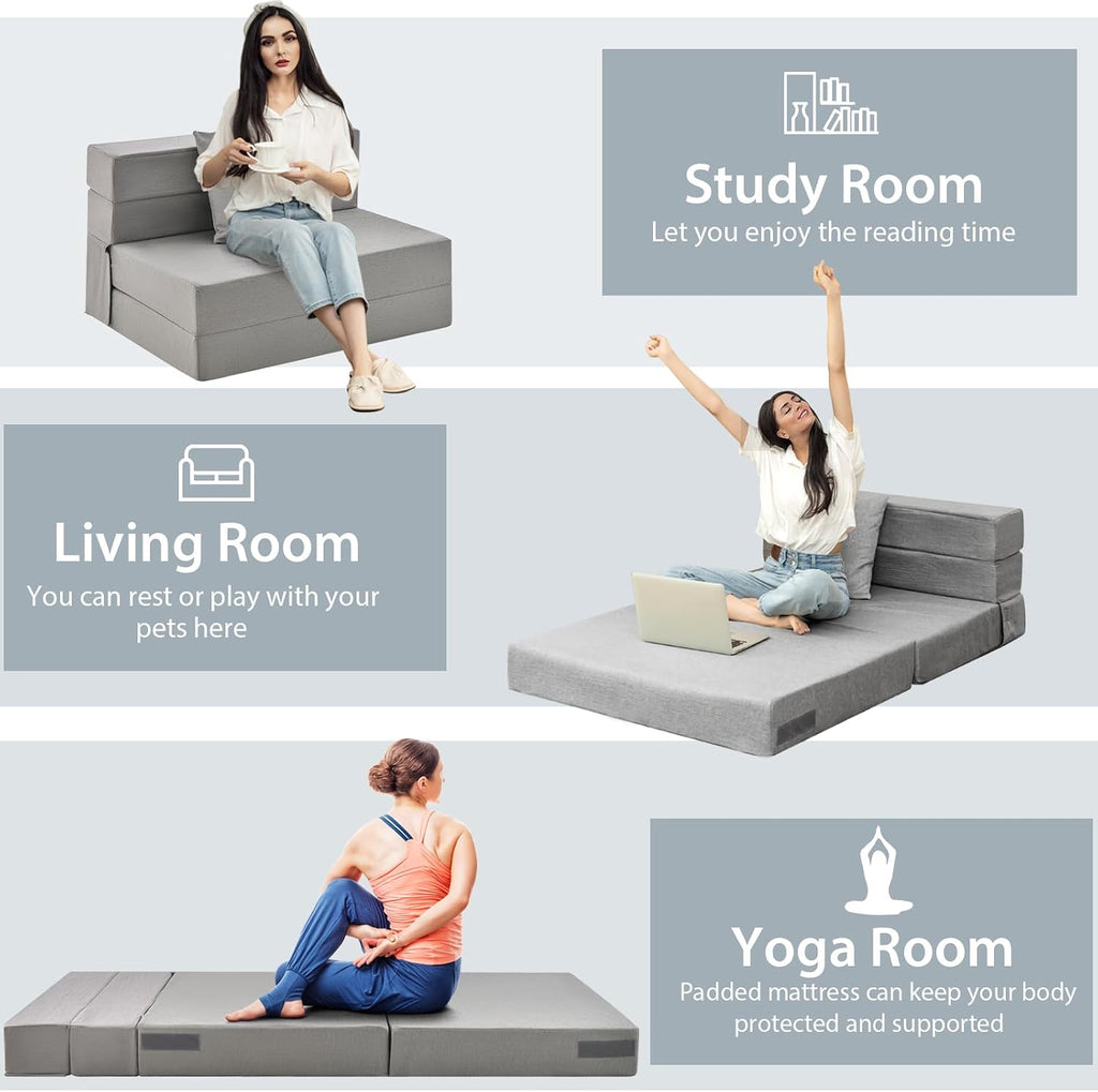 Giantex 6 Inch Folding Sofa Bed Couch with Pillow, Tri-fold Mattress with High-Density Foam, Foldable Floor Couch with Headrest, Portable Guest Bed with Zippered & Washable Cover, Grey