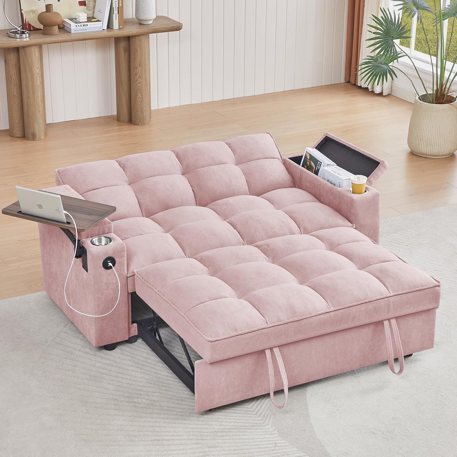 hansones 66' Multi-Functional Pull-Out Sofa Bed with Hidden Side Table, Storage Armrests, Built-in Charging Port, Spring Mattress, Solid Wood Frame – Ideal for Small Spaces, Easy Assembly
