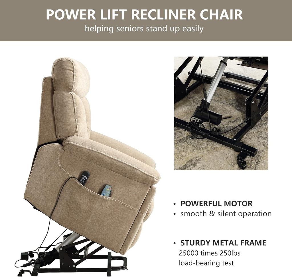 CANMOV Dual Motor Power Lift Recliner Chair for Elderly, 27' Extra-Wide Seat 450 lbs Weight Capacity Infinite Position Adjustment, with Heated Massage, Cup Holders and USB Port, Camel Fabric