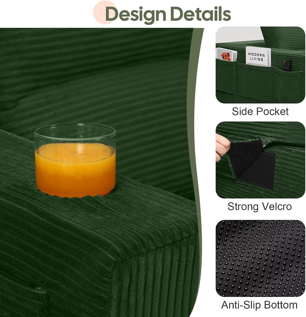COMAX Futon Sofa Bed 3 Seater, 106' Convertible Sofa Bed Couches for Living Room, 4 in 1 Folding Boneless Sleeper Corduroy Couch Foam in a Box, Comfy Foldable Lounge Fold Out Floor Mattress, Green