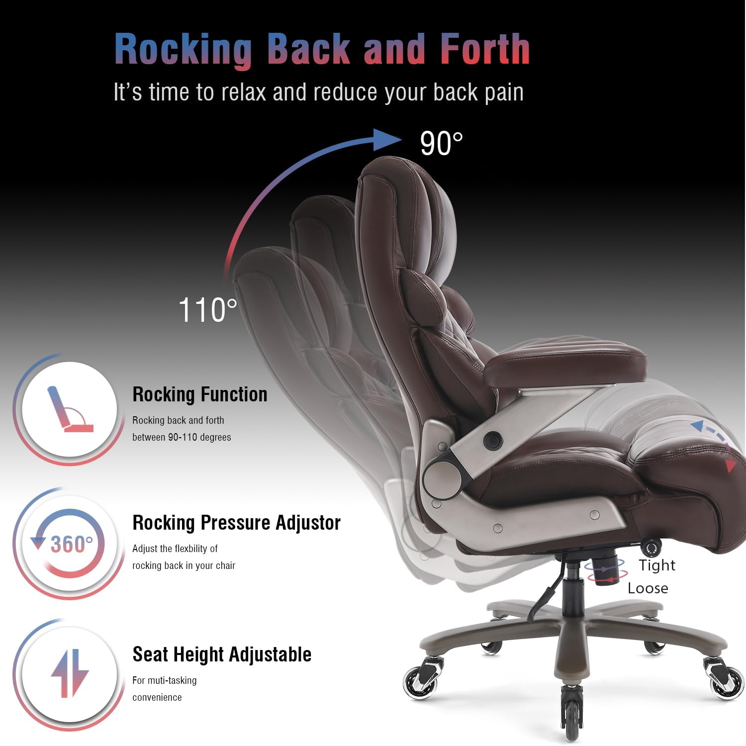 700lbs Big and Tall Office Chair - Adjustable Lumbar Support Heavy Duty Metal Base Quiet Rubber Wheels High Back Large Executive Computer Desk Swivel Chair, Ergonomic Design for Back Pain