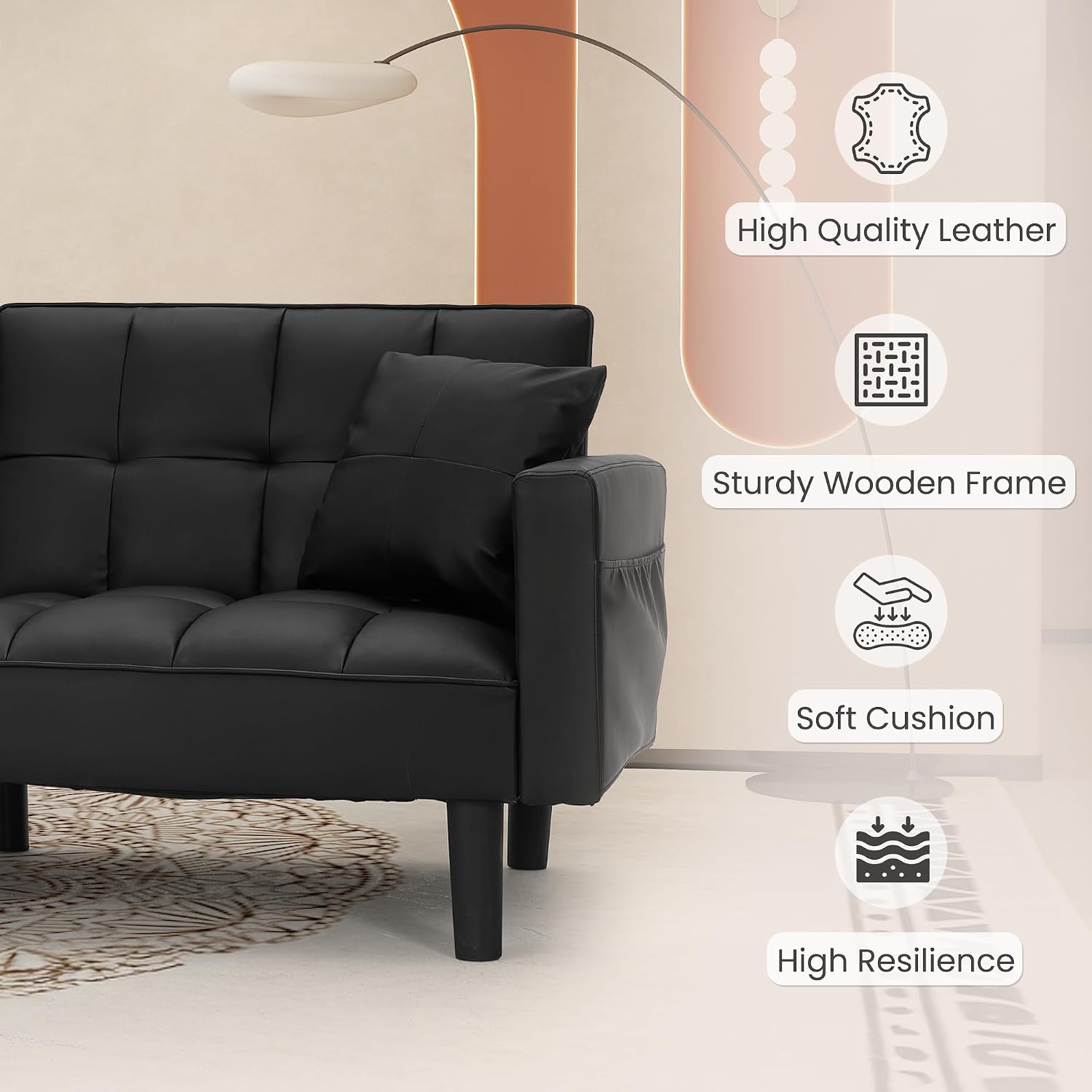 ECOTOUGE Futon Sofa Bed, 74' Convertible Sofa Bed with Adjustable Backrest Modern Loveseat Sleeper Sofa with 2 Pillow & Side Pockets Faux Leather Futon Couch for Living Room, Bedroom, Office, Black