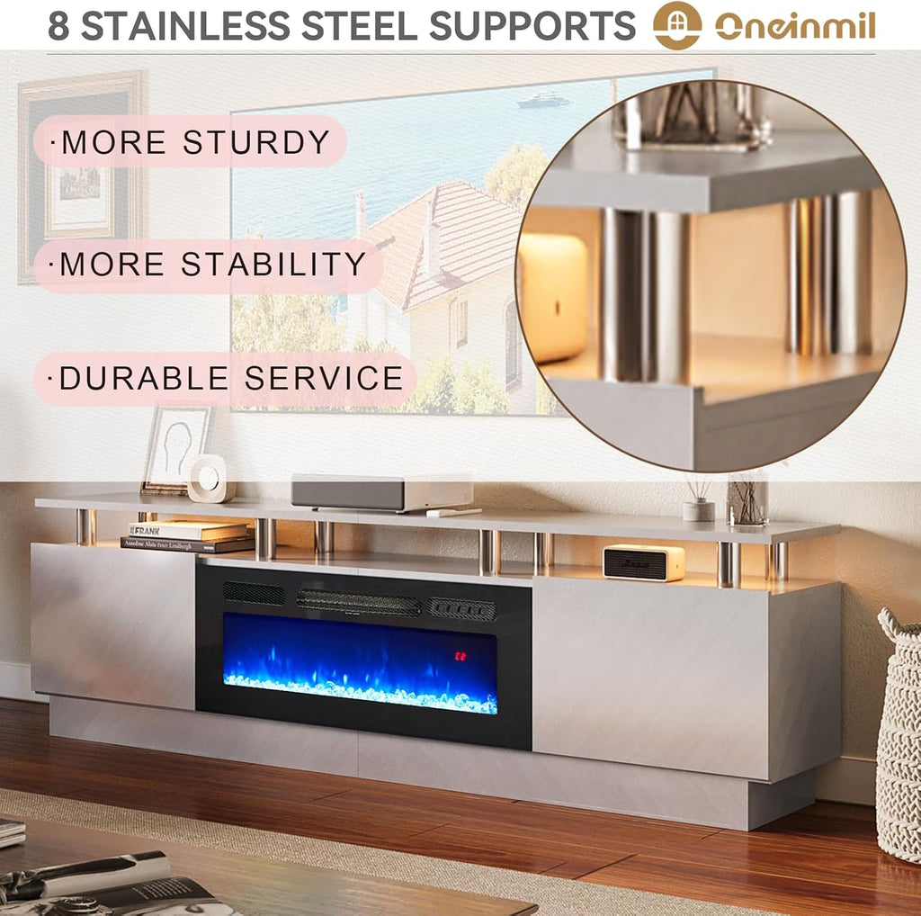 oneinmil Fireplace TV Stand with 36' Electric Fireplace, 80' 2 Tier TV Console Stand for TVs Up to 90', LED Light Entertainment Center, Fireplace for The Living Room TV Stand, Gray