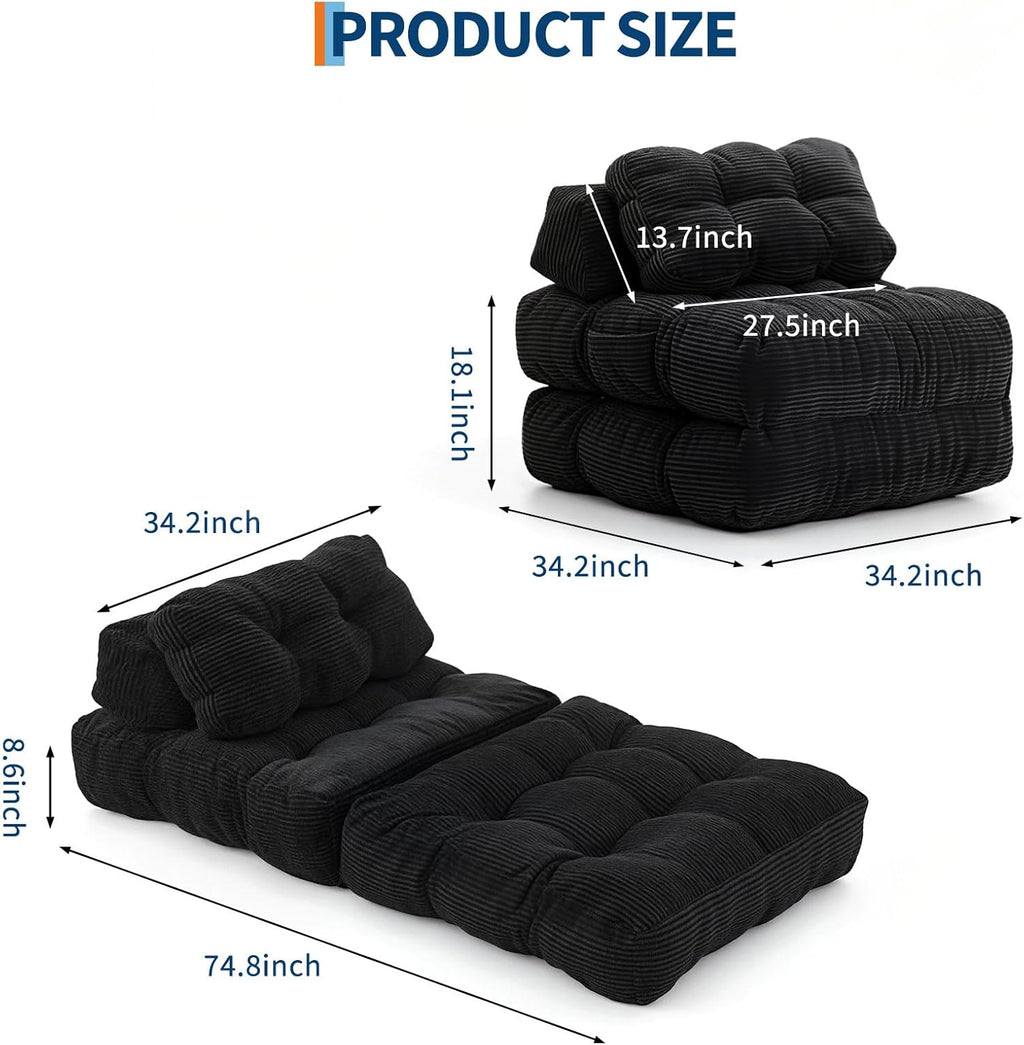 Folding Sofa Bed, 3-in-1 Convertible Sleeper Chair with Pillow, Single Futon Couch Bed with Back Support, Portable Fold Out Chair Bed Comfy Floor Sofa Lounge for Living Room Bedroom, Black