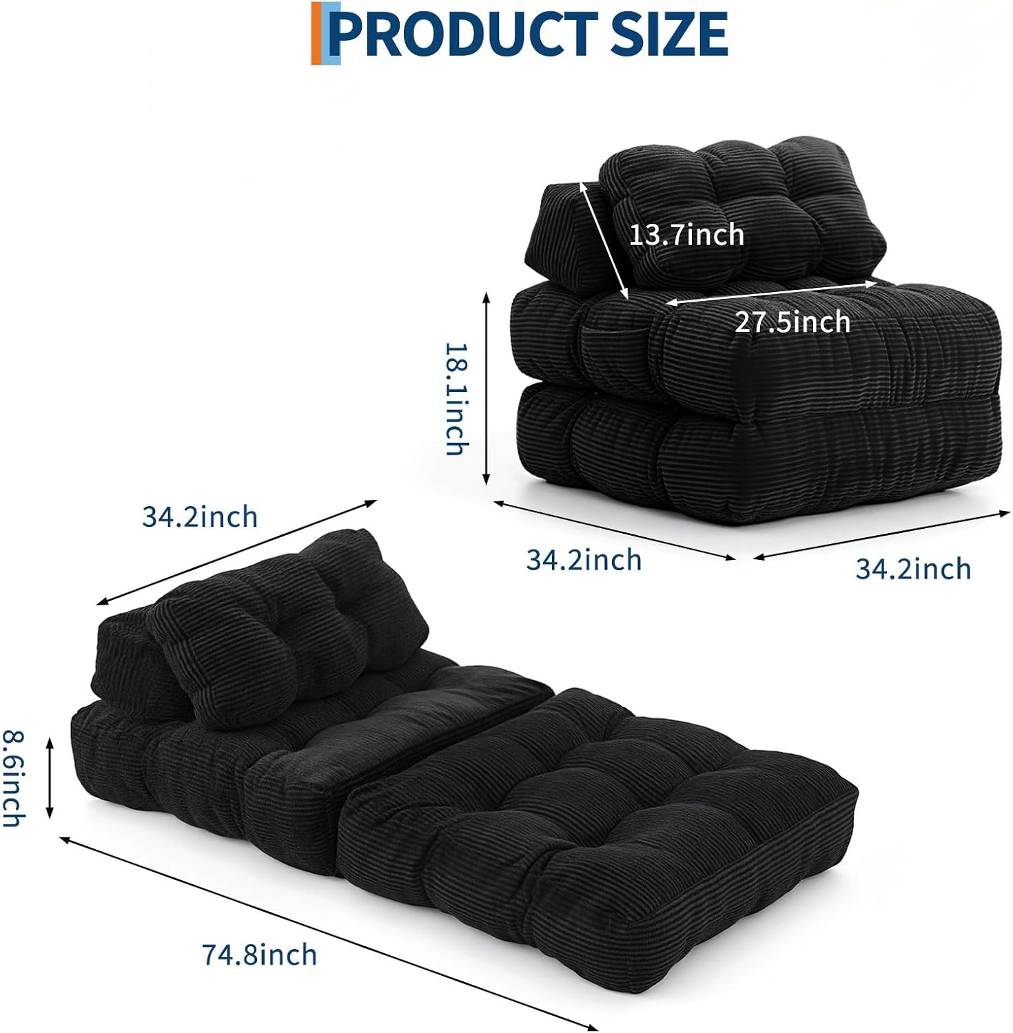 Folding Sofa Bed, 3-in-1 Convertible Sleeper Chair with Pillow, Single Futon Couch Bed with Back Support, Portable Fold Out Chair Bed Comfy Floor Sofa Lounge for Living Room Bedroom, Black