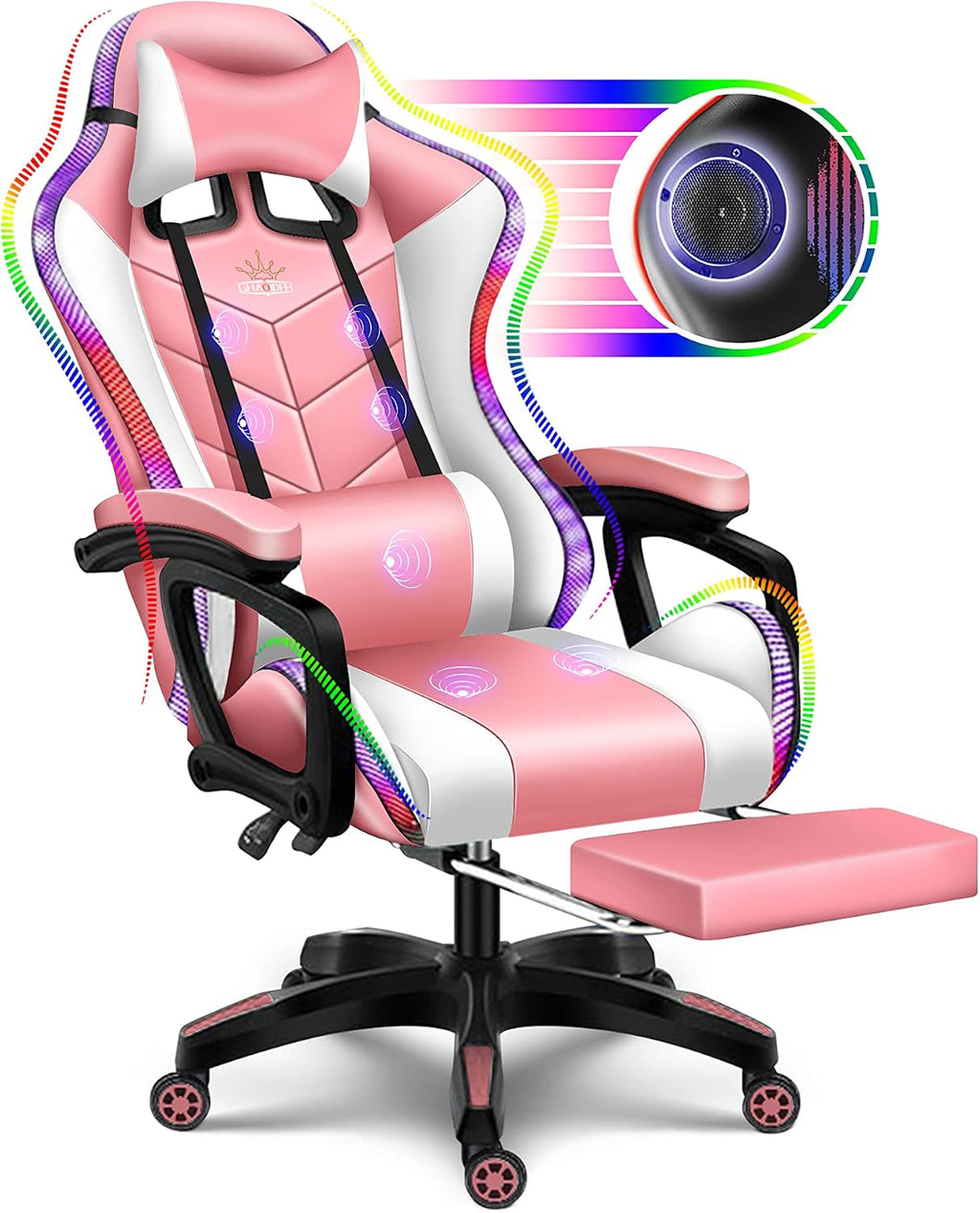 RGB Gaming Chair with Massage and Footrest, Ergonomic Pro Computer Chair with LED Lights and Speakers, High Back Music Video Chair with Lumbar Support and Headrest, for Adult Teens. (White + Pink)