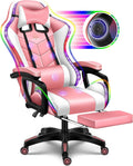 RGB Gaming Chair with Massage and Footrest, Ergonomic Pro Computer Chair with LED Lights and Speakers, High Back Music Video Chair with Lumbar Support and Headrest, for Adult Teens. (White + Pink)