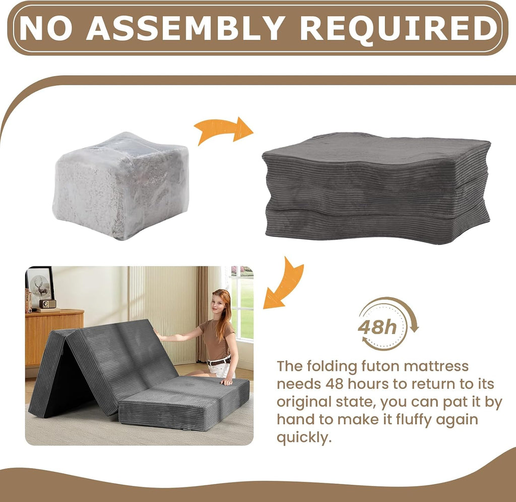 6-Inch Tri-Folding Mattress Full Size - Foldable Futon Sofa Bed with Removable Washable Cover, Folding Mattress | Non-Slip Bottom & Carry Handles for Guest, Camping, Dorm