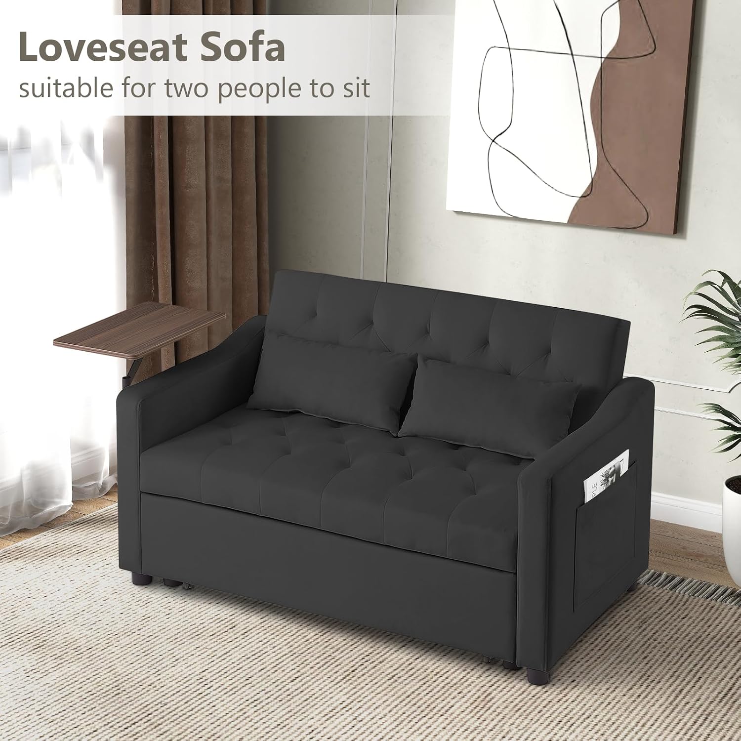 Skepphlay Convertible Couch, 3 in 1 Pull Out Sofa Bed with 3 Adjustable Backrest Loveseat with Storage and Pillows, Modern Recliner for Living Room Apartment, Black