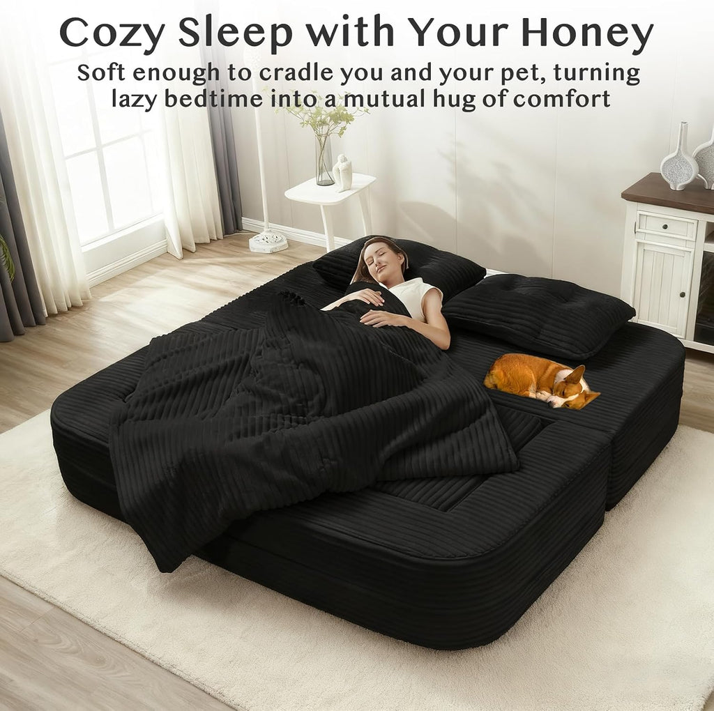 80'' Futon Sofa Bed, King Size Foldable Sleeper Sofa, Corduroy Boneless Loveseat Couch with Chaise Lounge, 3 Pillows, Blanket, Upholstered Sectional Couches for Living Room, Bedroom, Black
