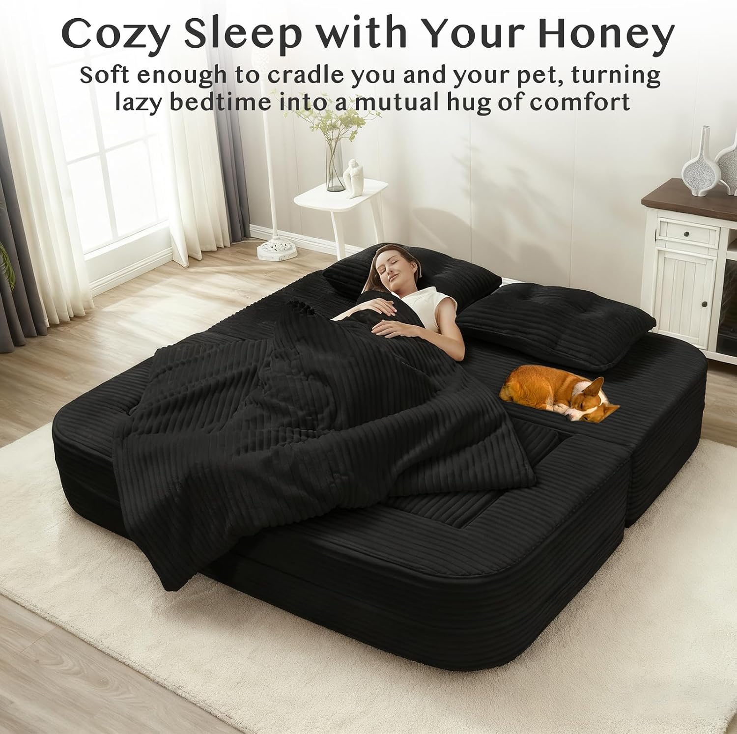 80'' Futon Sofa Bed, King Size Foldable Sleeper Sofa, Corduroy Boneless Loveseat Couch with Chaise Lounge, 3 Pillows, Blanket, Upholstered Sectional Couches for Living Room, Bedroom, Black