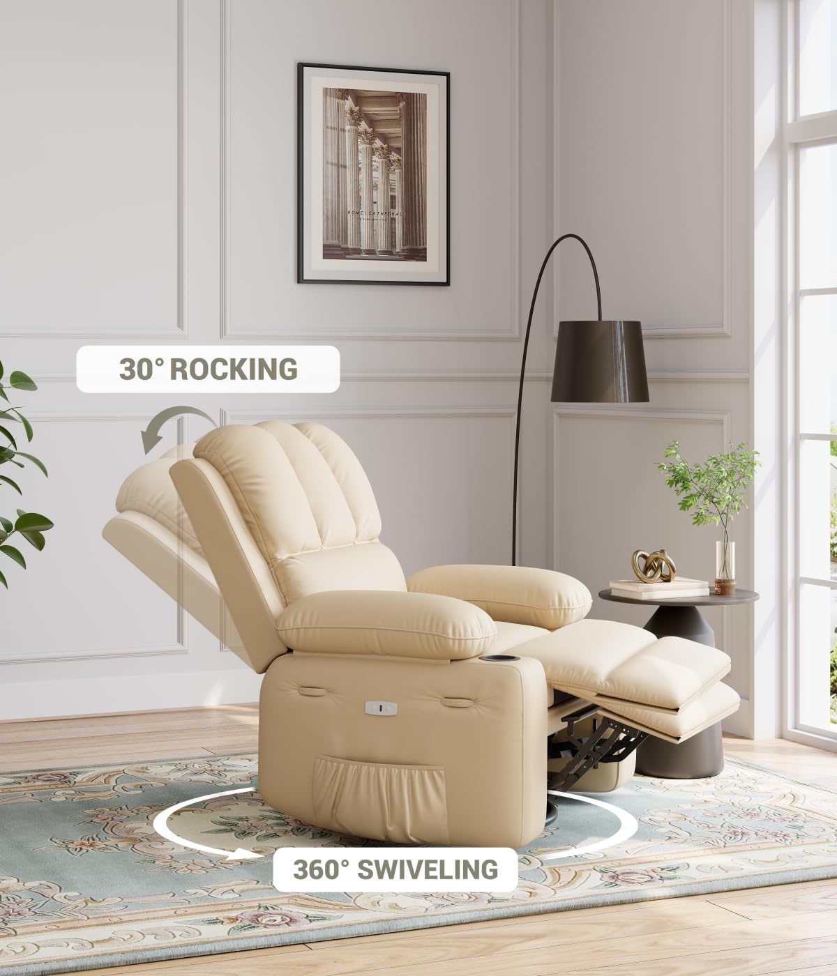 Oversized Electric Recliner Chair for Adults, Swivel Rocker Recliner with Massage and Heat, Pu Leather Single Sofa with Cup Holder and Side Pocket, for Living Room, Bedroom, Creamy