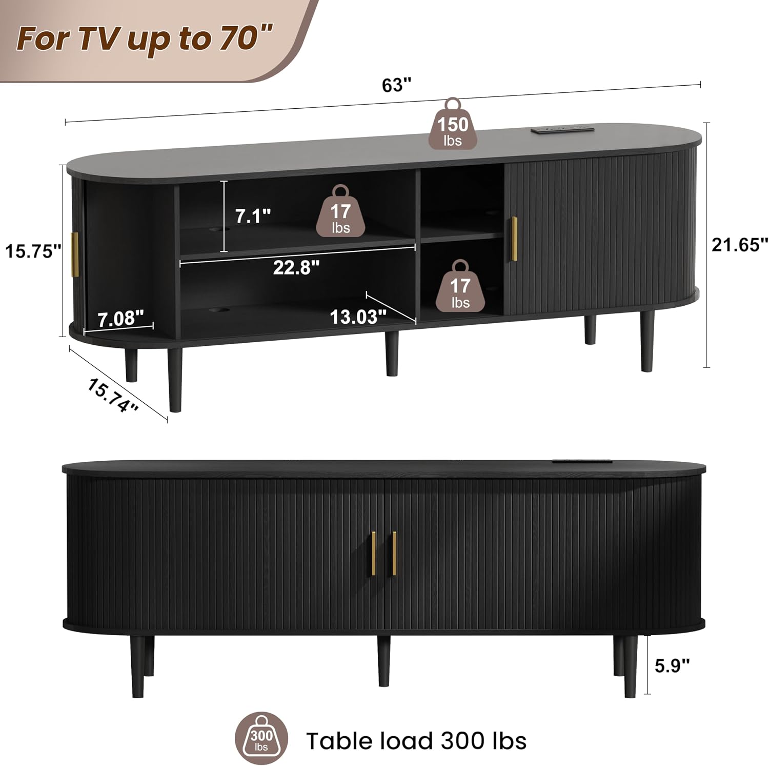 DHH 63 Inch Mid Century Modern TV Stand with Power Outlet for TVs up to 70 Inch, Entertainment Center with Storage and Adjustable Shelves, Media Console with Sliding Doors for Living Room(Black)
