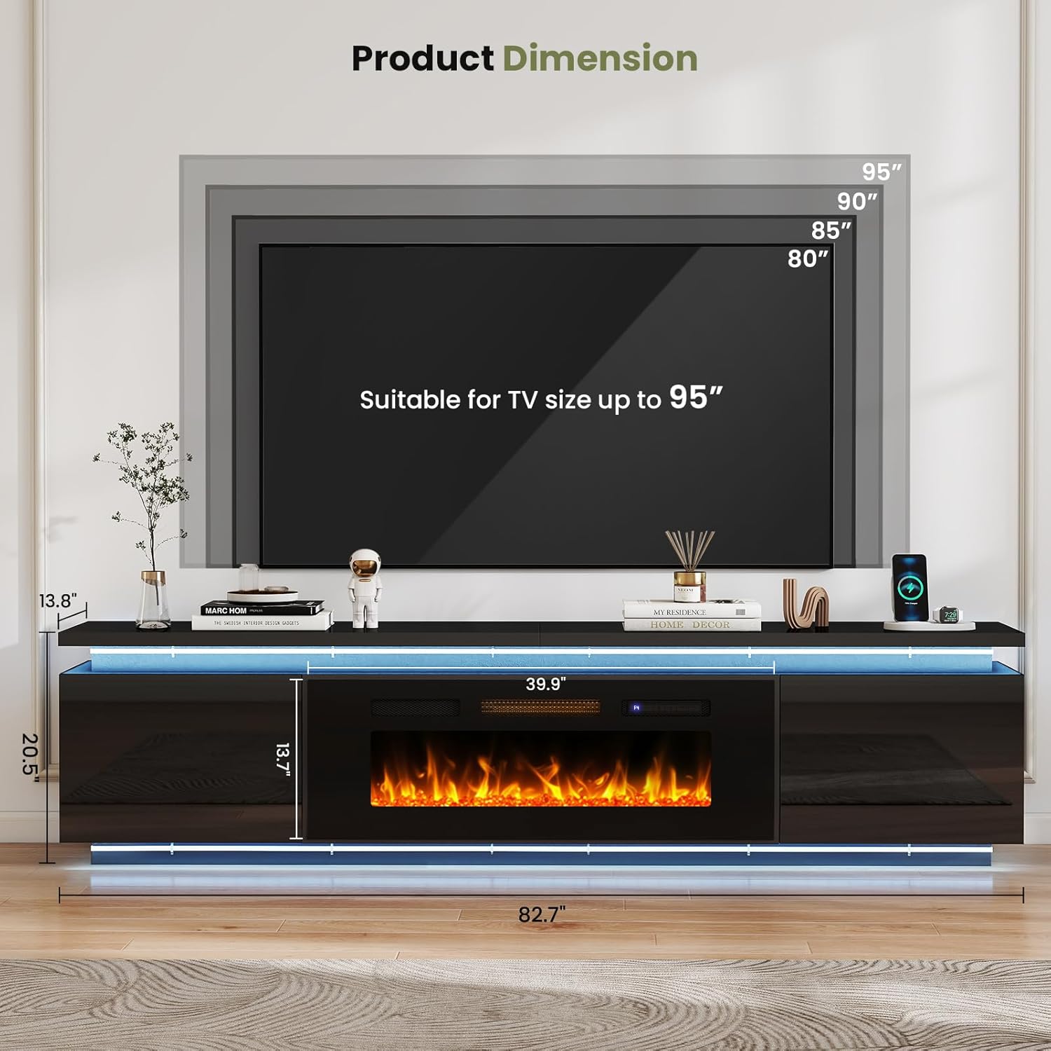Lamtor Fireplace TV-Stand with 40' Fireplace - 2 LED Light TV-Stand for 90 95 inch TVs - Entertainment Center with 4 AC Power Outlets - 2 Tier TV Consoles Stand for Living Room, Black