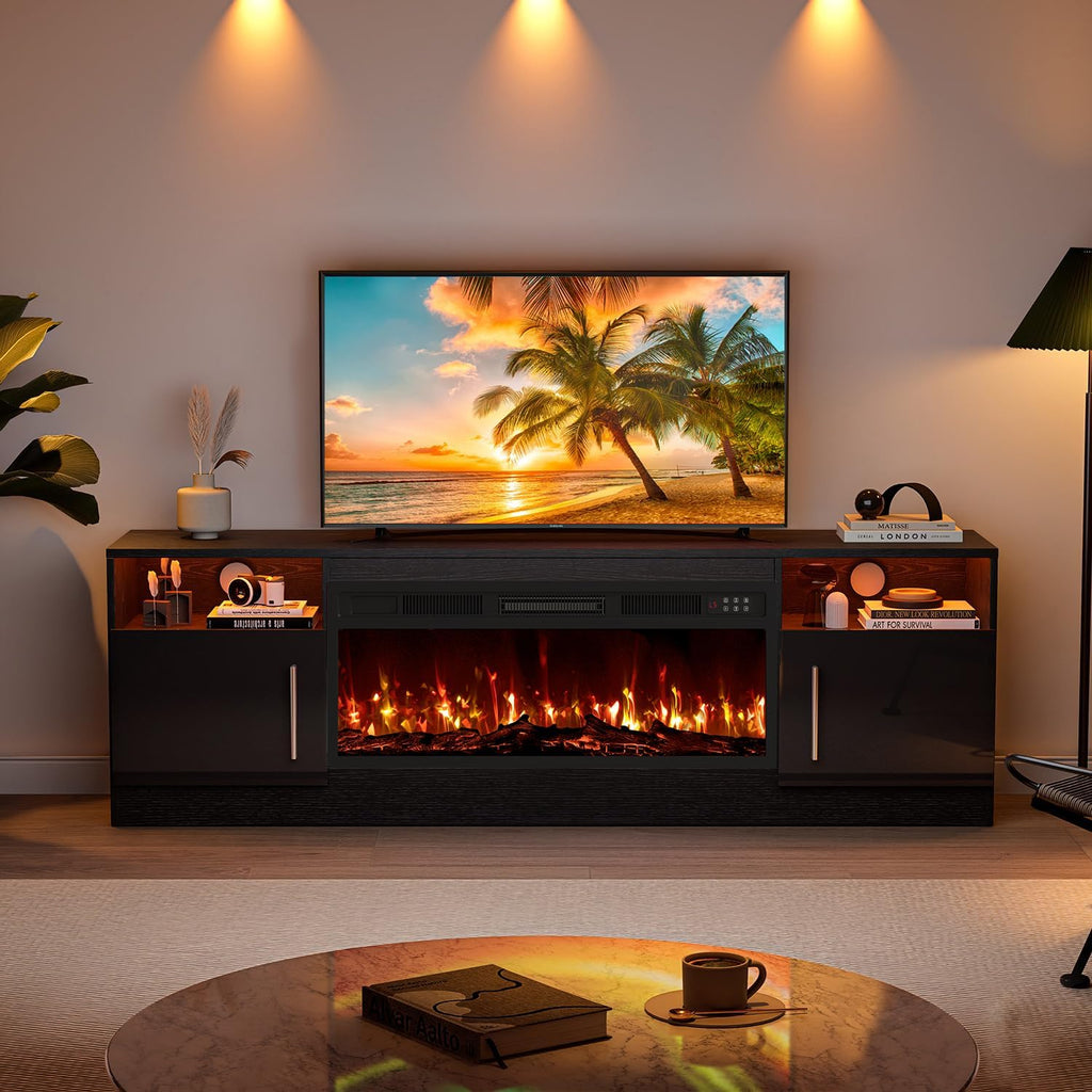 VITESSE Fireplace with TV Stand 36' inch Electric Fireplace Up to 80' TVs, LED Light Entertainment Center, 70' Modern Wood High Gloss with Highlight Storage Cabinet for Living Room (Black)